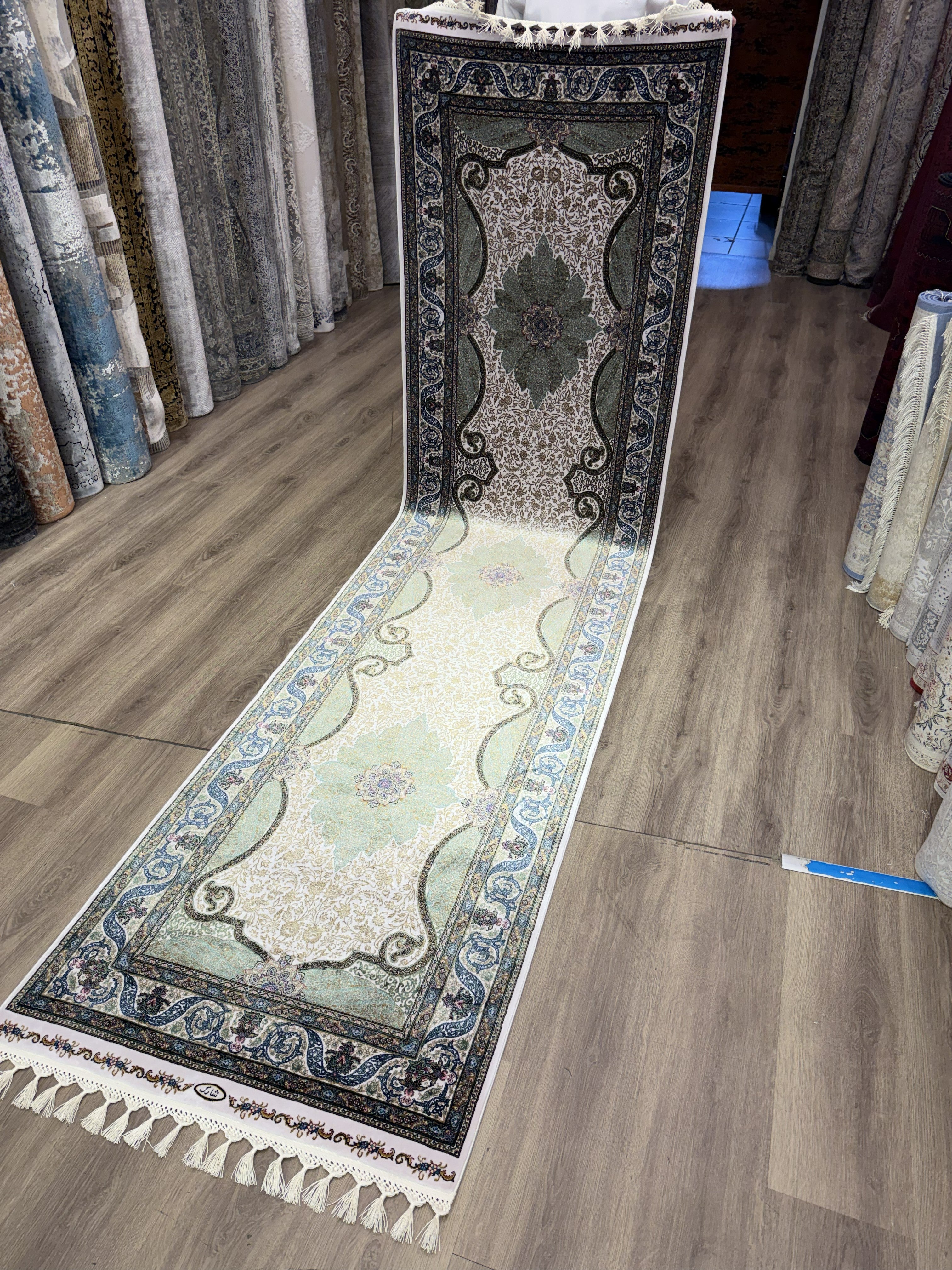 Luxury Turkish Silk Runner Rug 3x10 Green Ivory Oriental Hallway Rug brand new