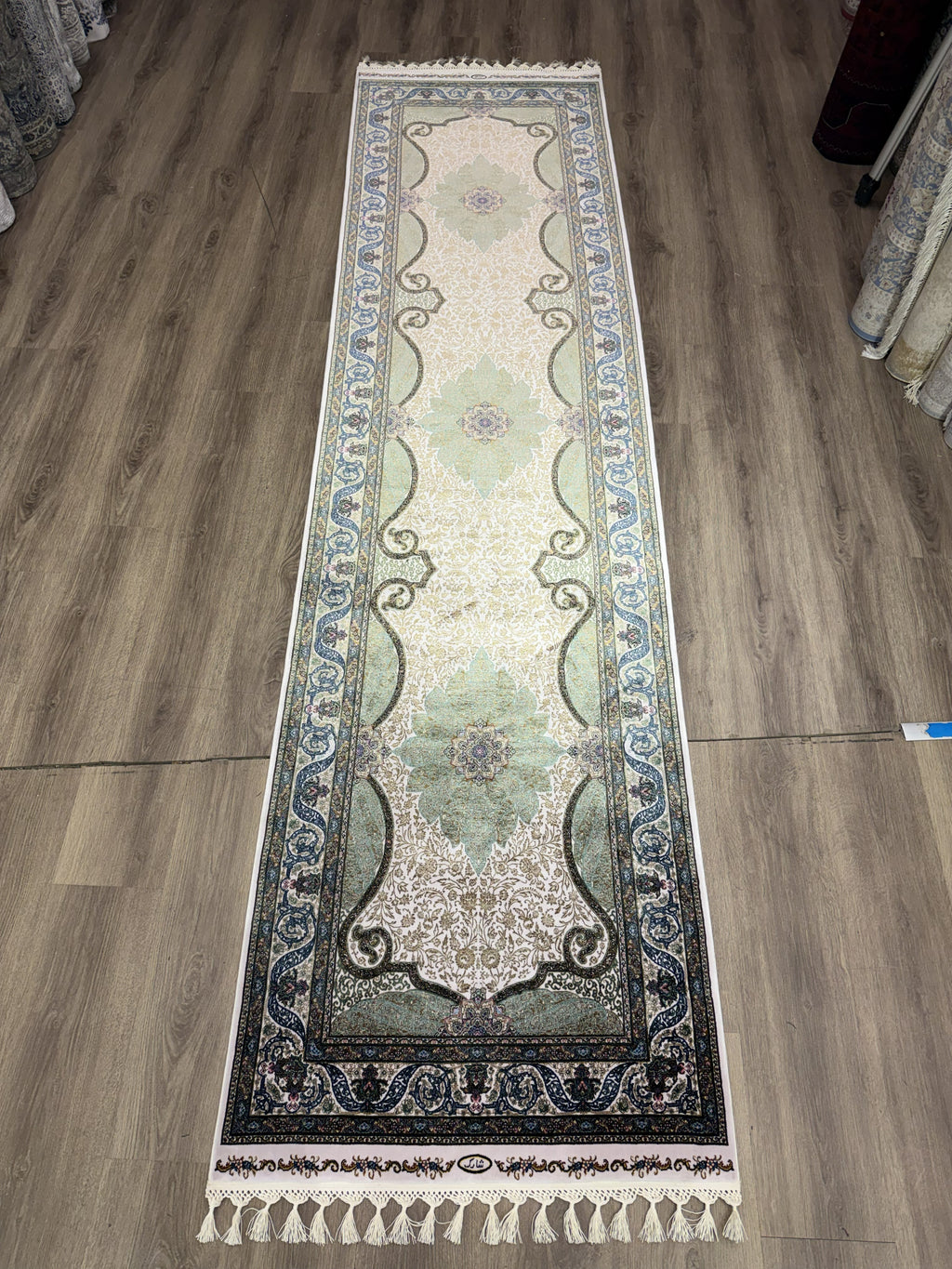 Luxury Turkish Silk Runner Rug 3x10 Green Ivory Oriental Hallway Rug brand new