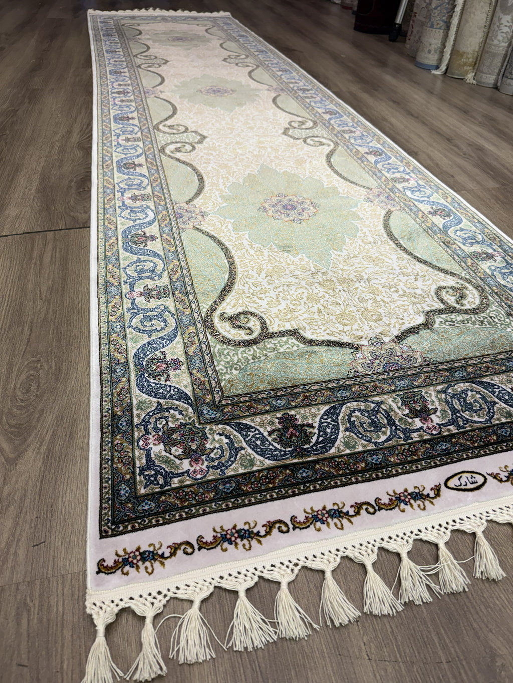 Luxury Turkish Silk Runner Rug 3x10 Green Ivory Oriental Hallway Rug brand new