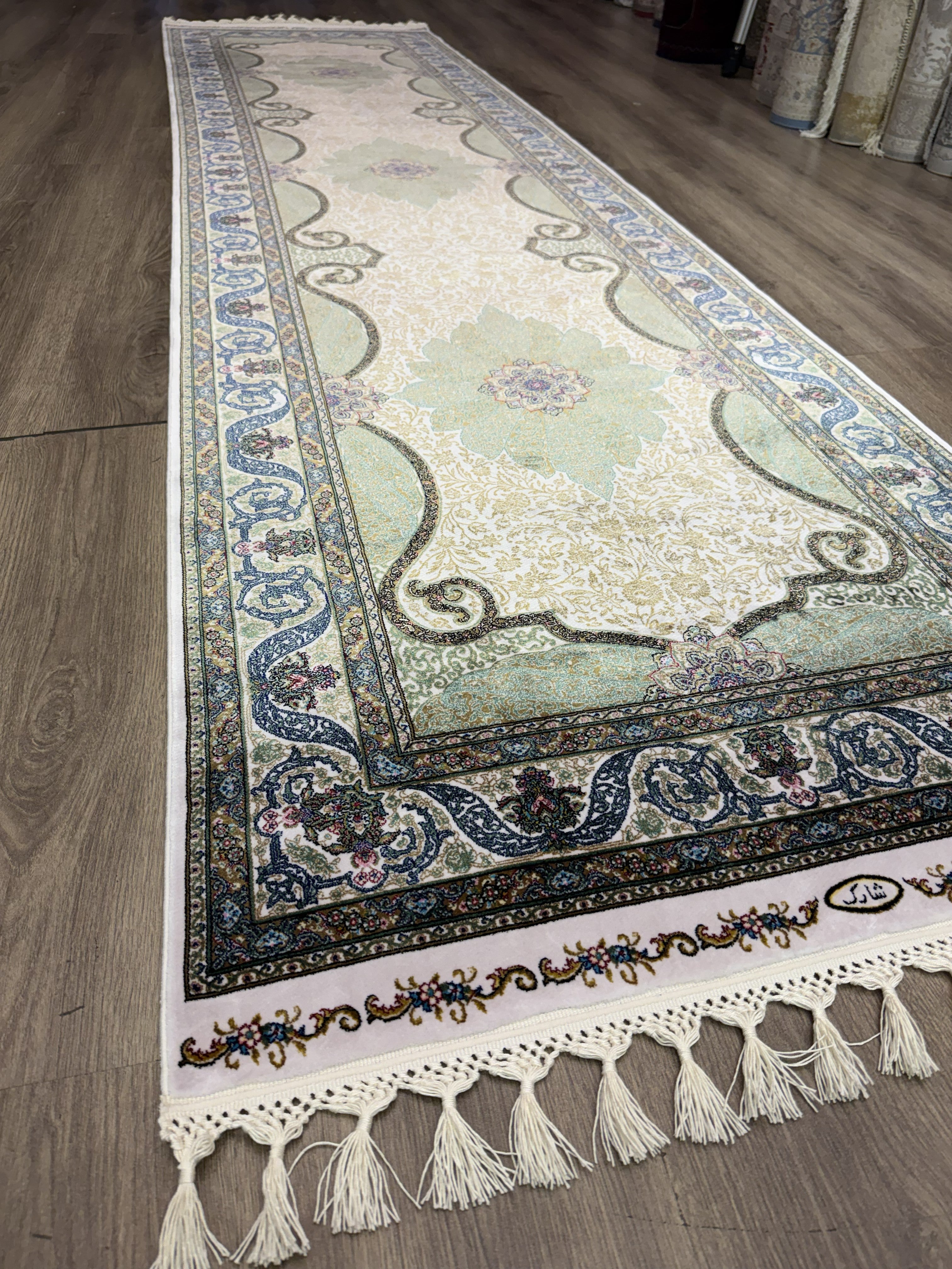 Luxury Turkish Silk Runner Rug 3x10 Green Ivory Oriental Hallway Rug brand new