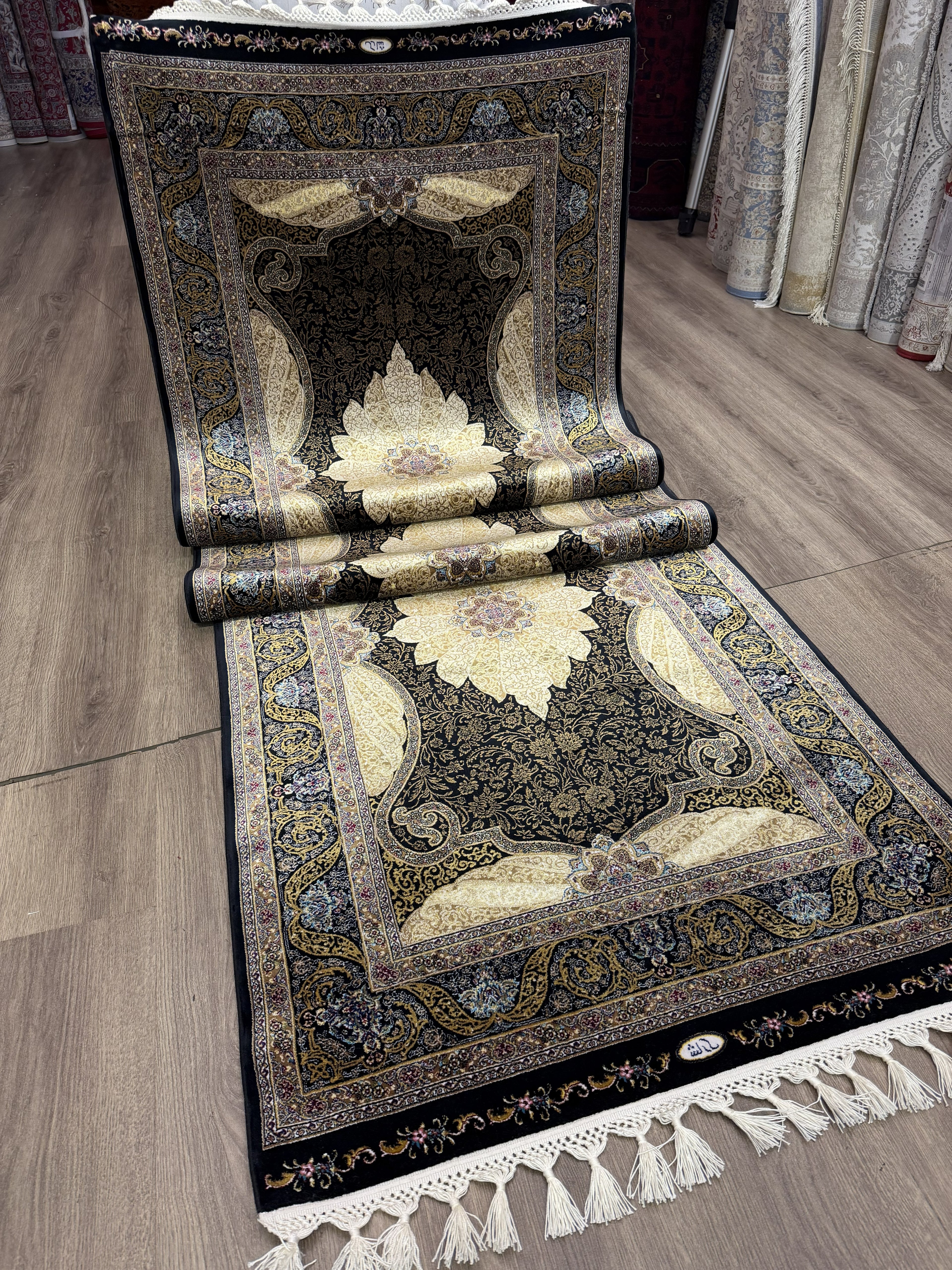 Luxury Turkish Silk Runner Rug 3x10 Black Gold Oriental Hallway Rug brand new