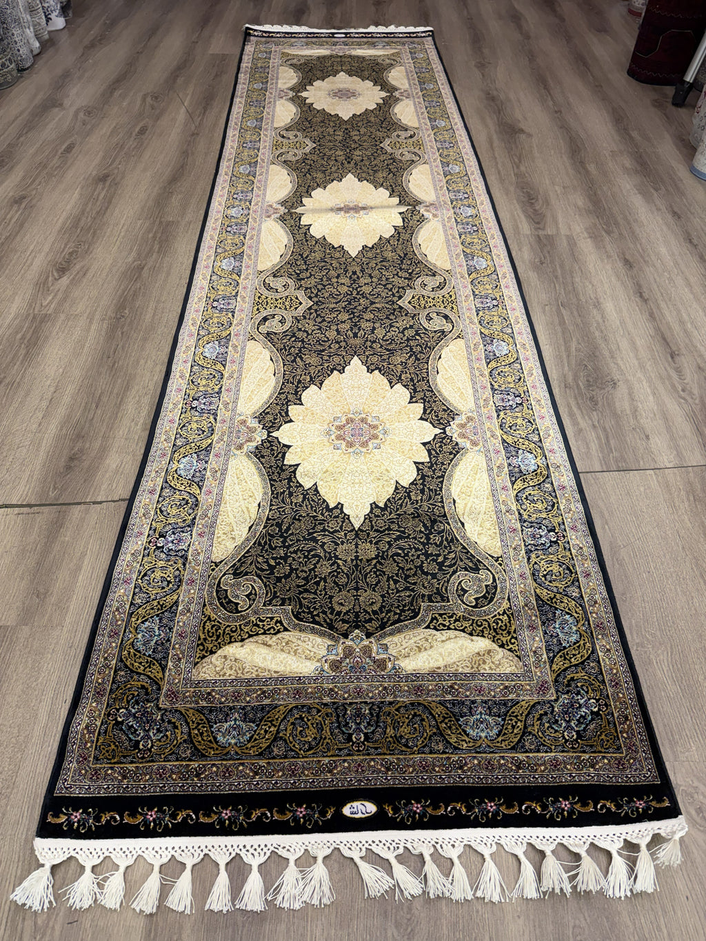 Luxury Turkish Silk Runner Rug 3x10 Black Gold Oriental Hallway Rug brand new