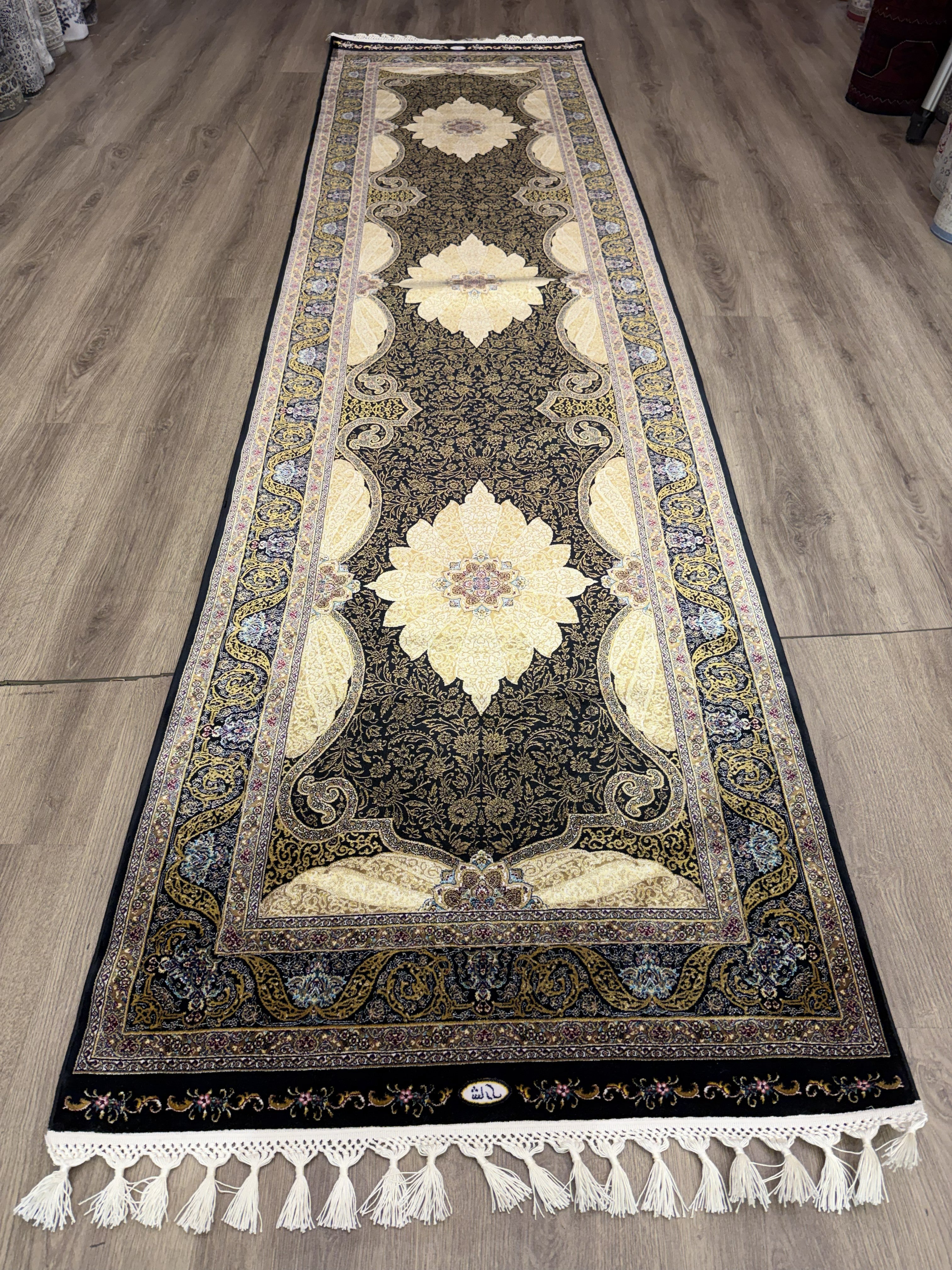 Luxury Turkish Silk Runner Rug 3x10 Black Gold Oriental Hallway Rug brand new