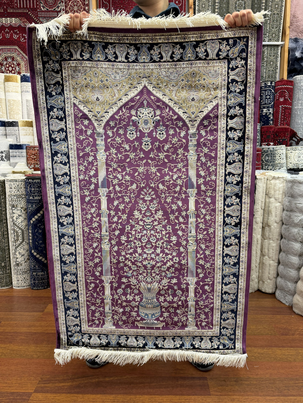 Purple Turkish Prayer Rug Silk Seccade 3x5 Ft Islamic Rug New