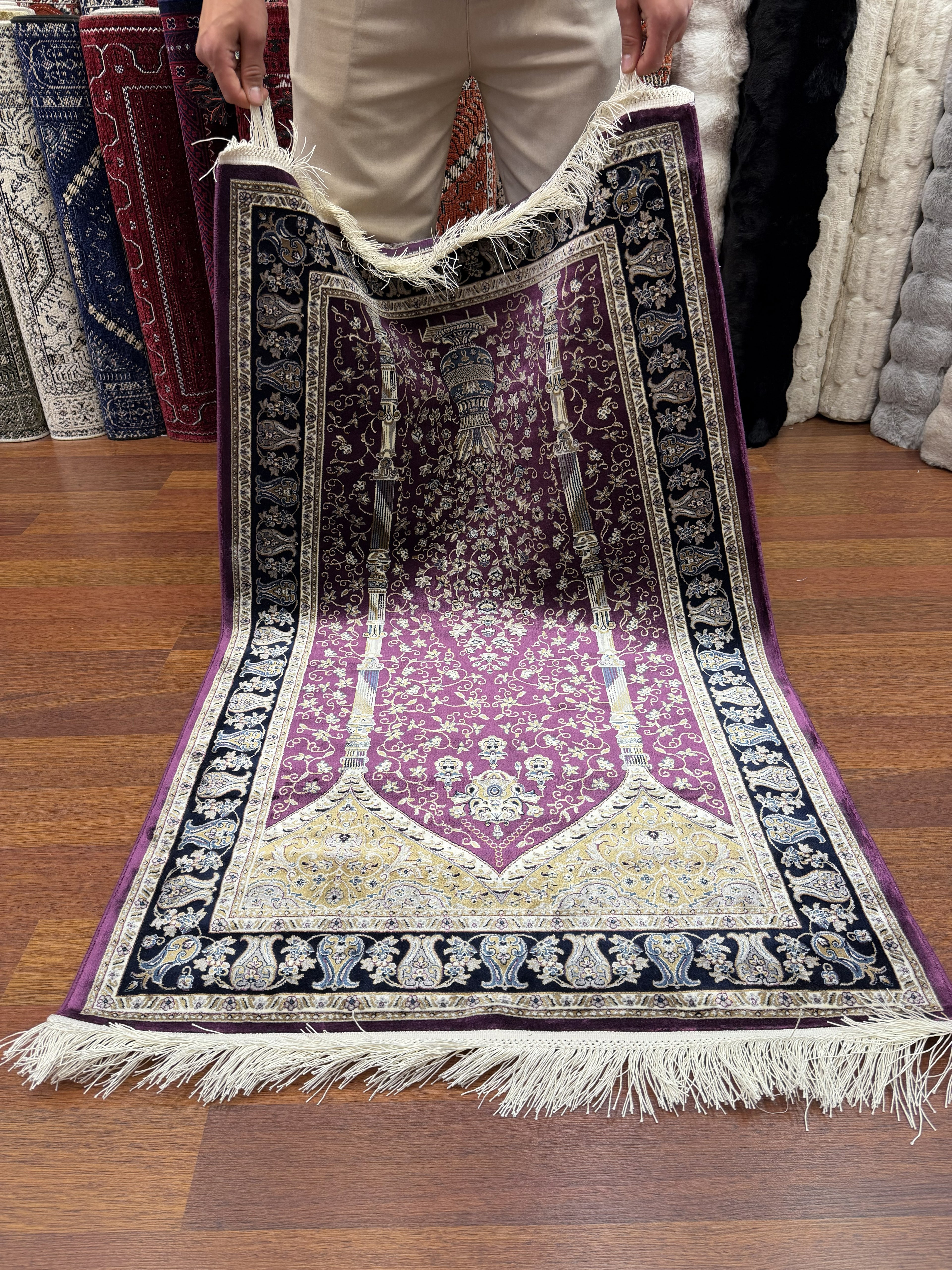 Purple Turkish Prayer Rug Silk Seccade 3x5 Ft Islamic Rug New