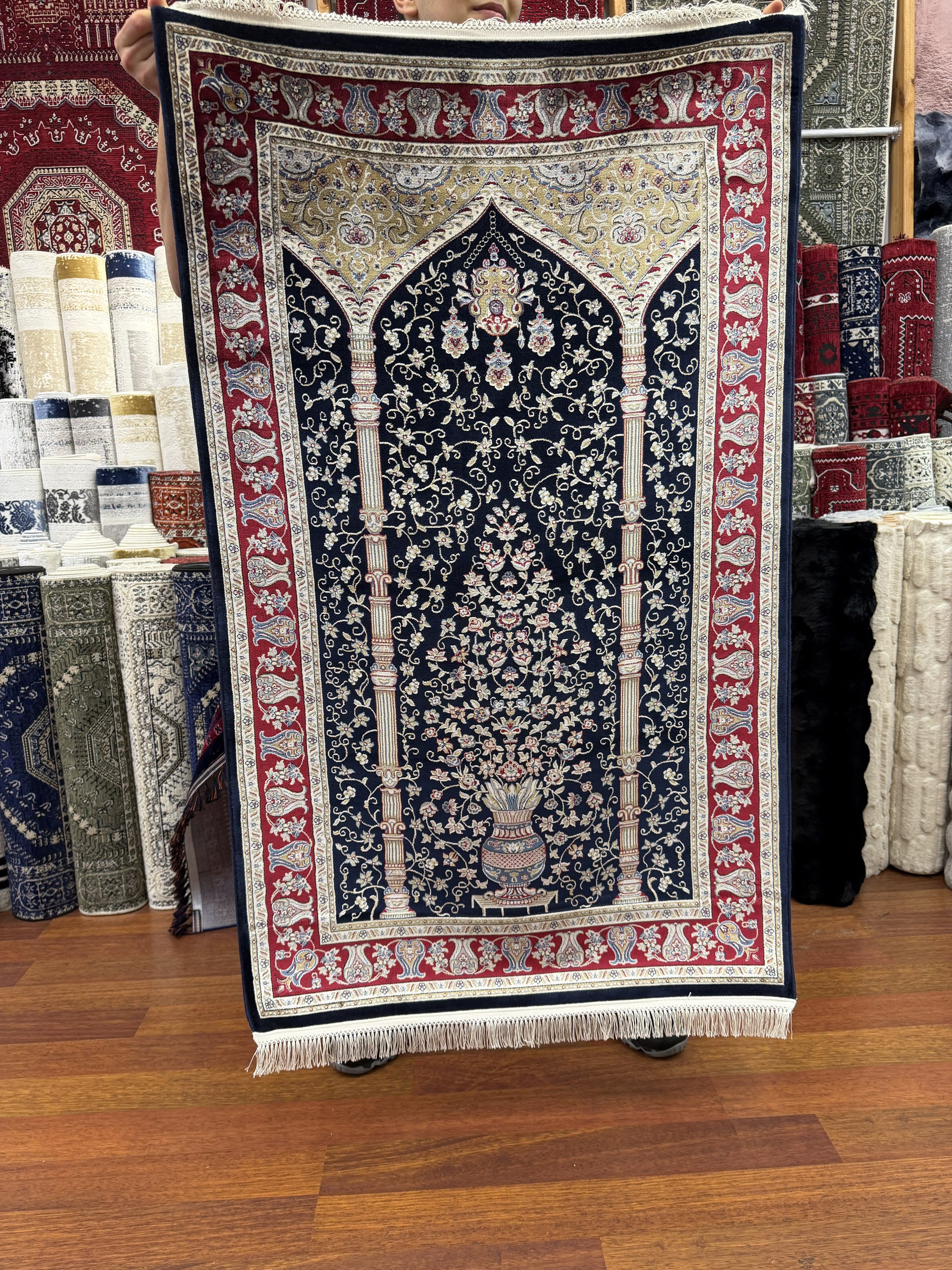 Turkish Silk Prayer Rug Black Islamic Seccade 2x4 Ft Brand New
