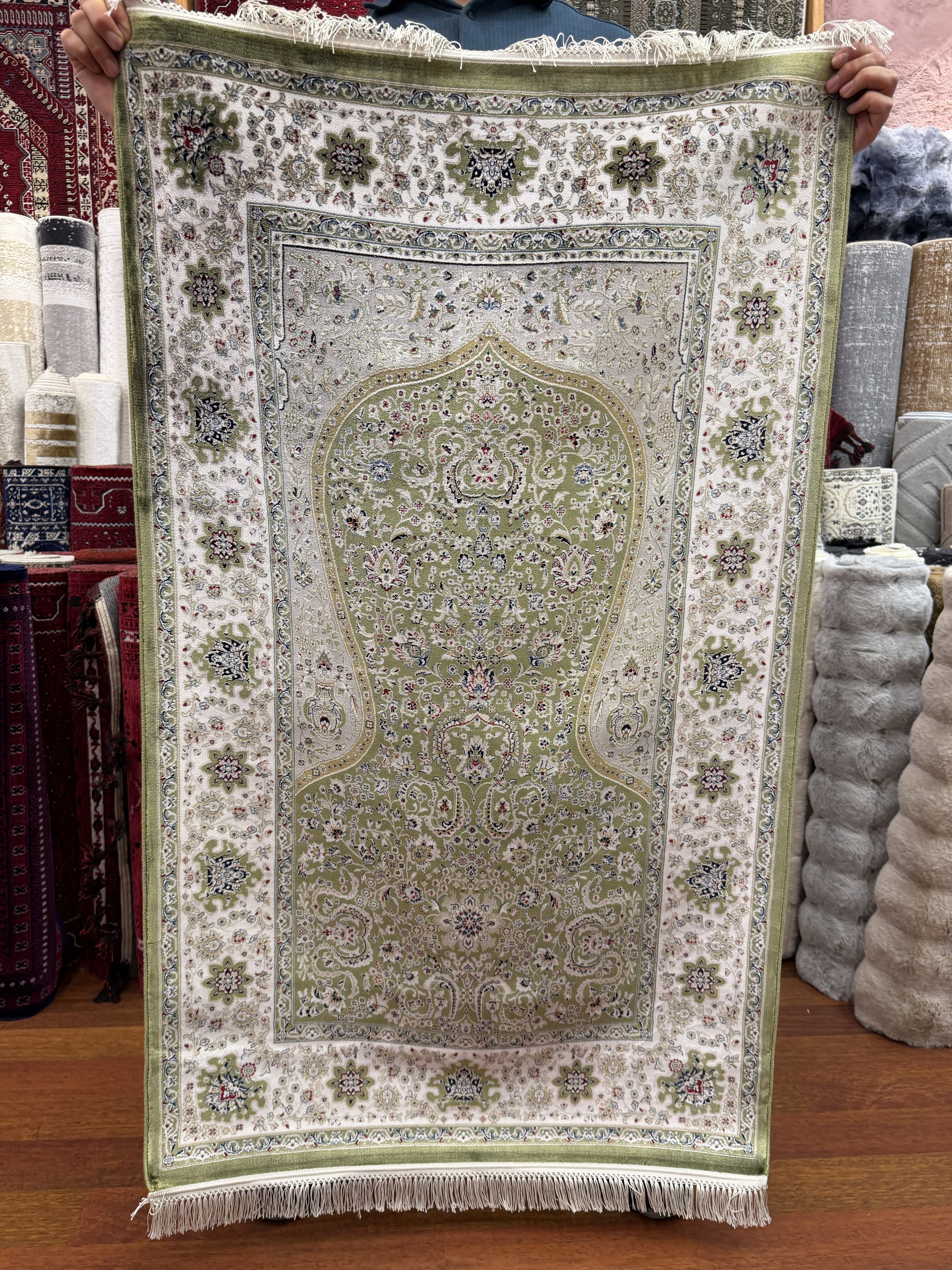 Green Turkish Prayer Rug Silk Seccade 2x4 Ft Made in Turkey