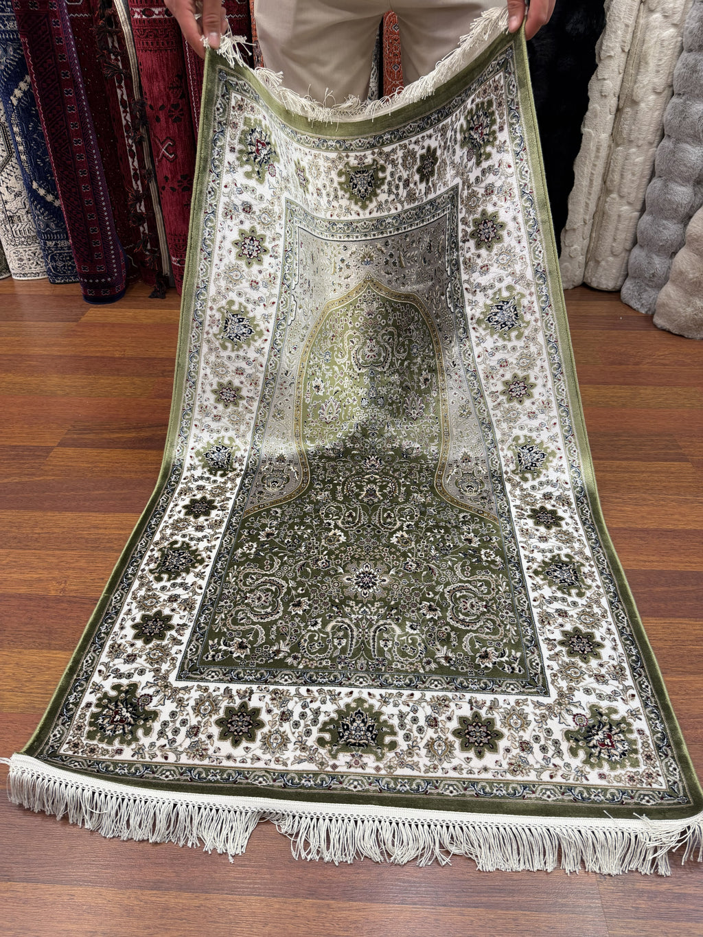 Green Turkish Prayer Rug Silk Seccade 2x4 Ft Made in Turkey