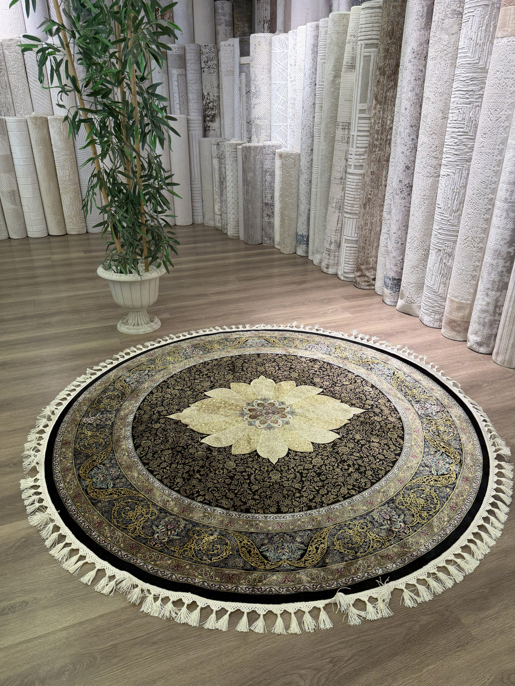 Round Turkish Silk Rug 5x5 Ft Black Gold Oriental Area Rug New