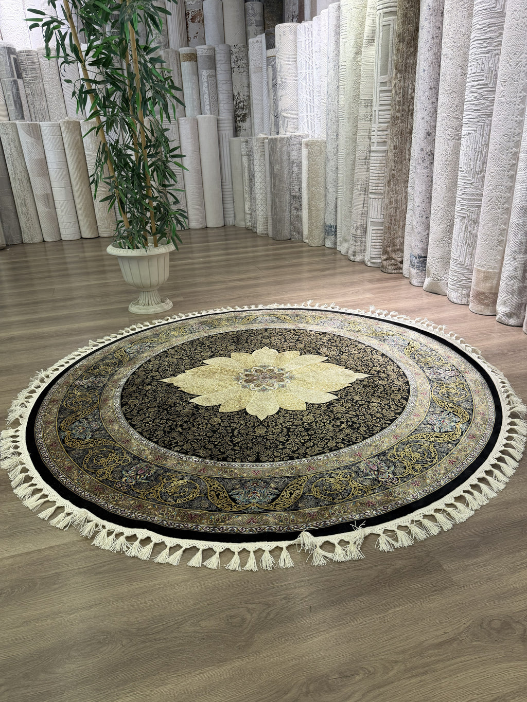 Round Turkish Silk Rug 5x5 Ft Black Gold Oriental Area Rug New