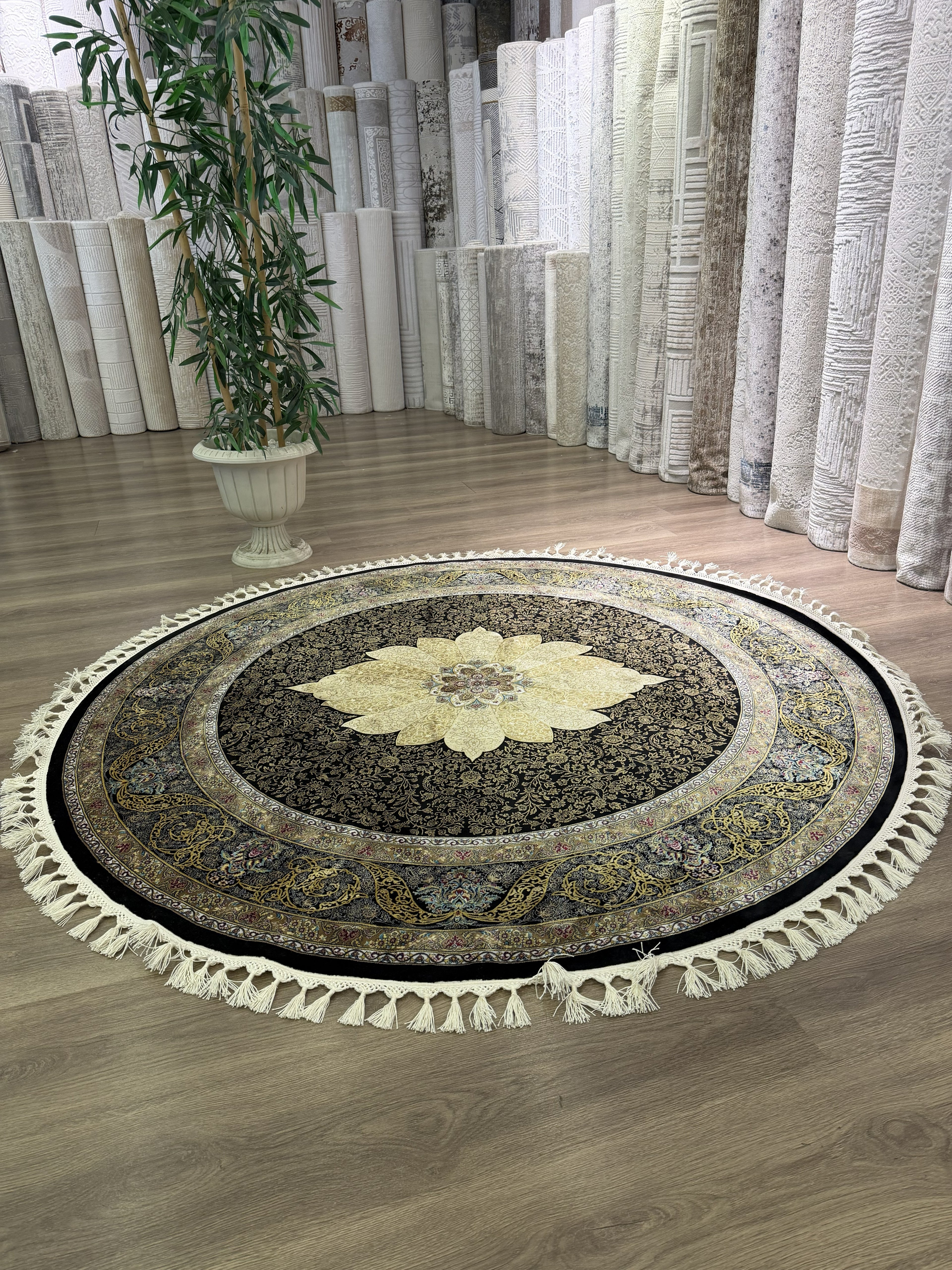 Round Turkish Silk Rug 5x5 Ft Black Gold Oriental Area Rug New