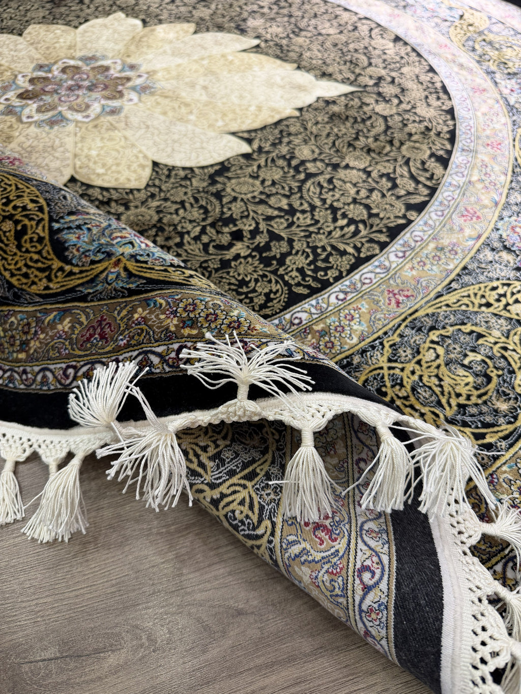 Round Turkish Silk Rug 5x5 Ft Black Gold Oriental Area Rug New