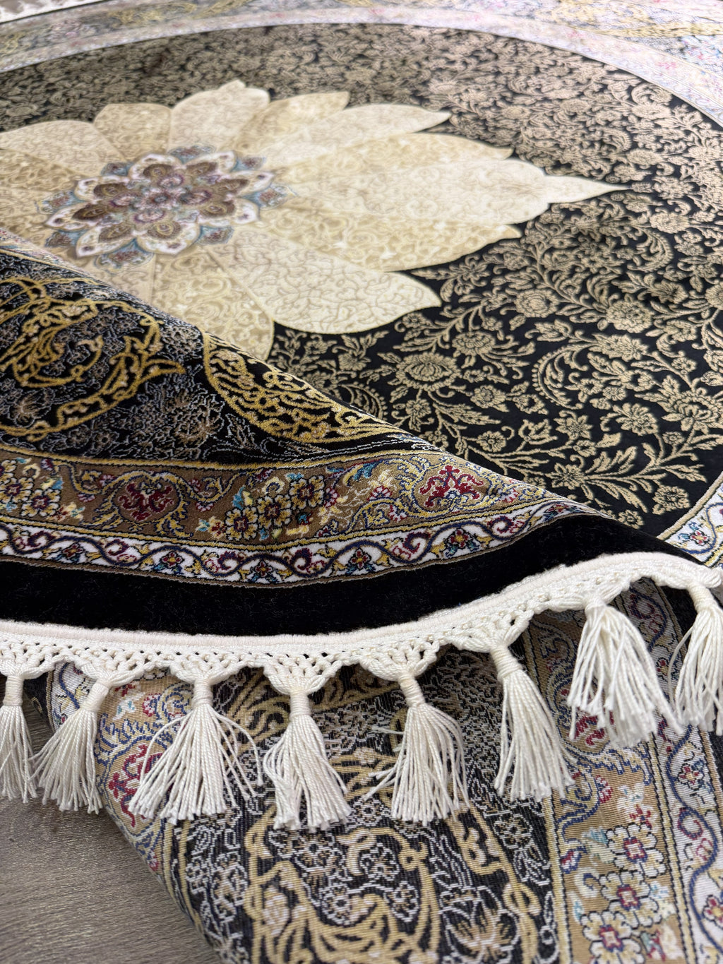 Round Turkish Silk Rug 5x5 Ft Black Gold Oriental Area Rug New