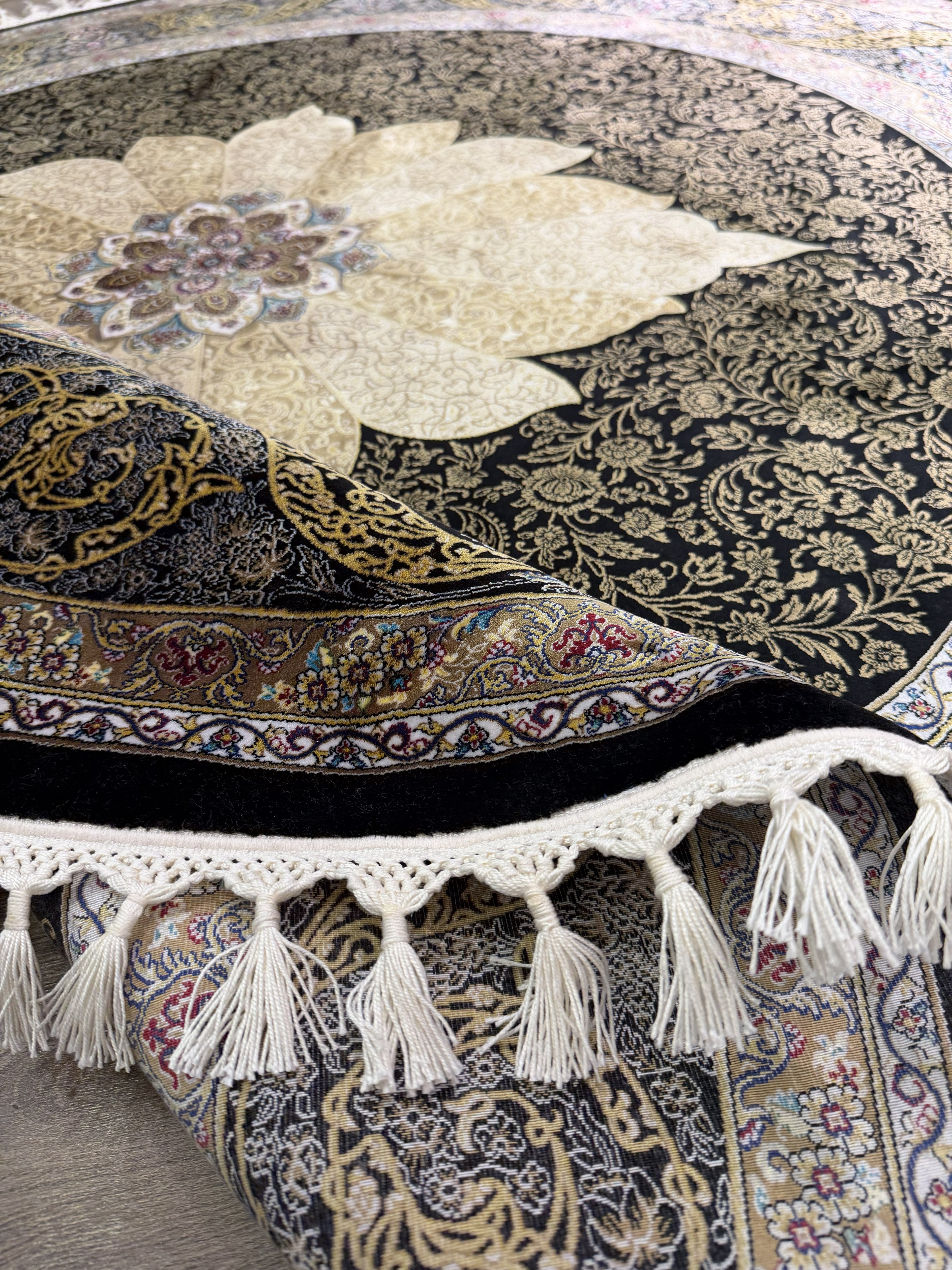 Round Turkish Silk Rug 5x5 Ft Black Gold Oriental Area Rug New