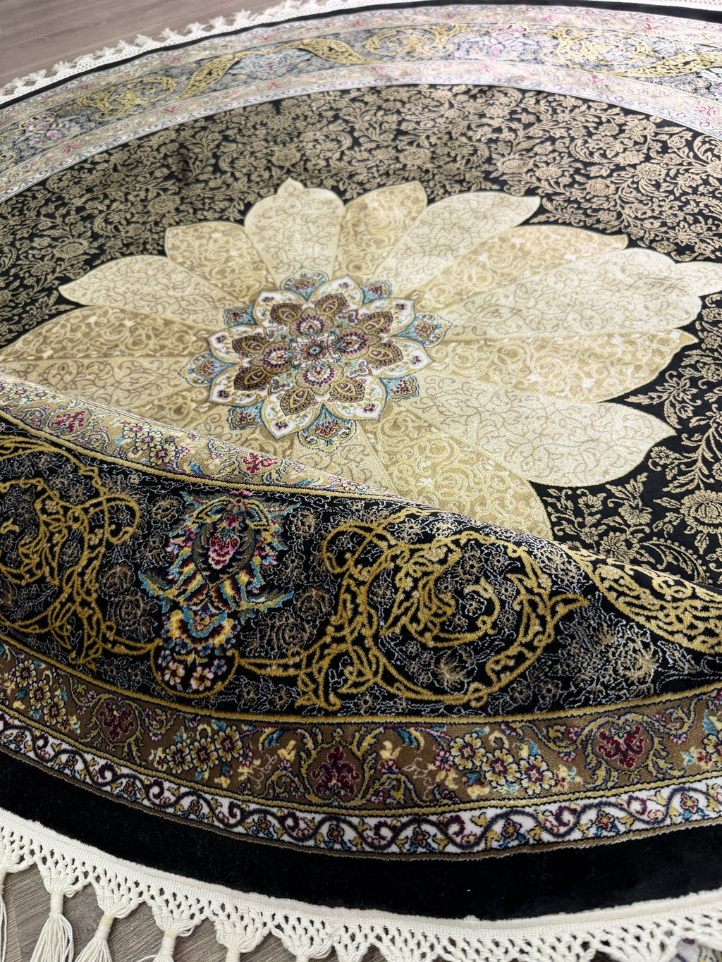 Round Turkish Silk Rug 5x5 Ft Black Gold Oriental Area Rug New