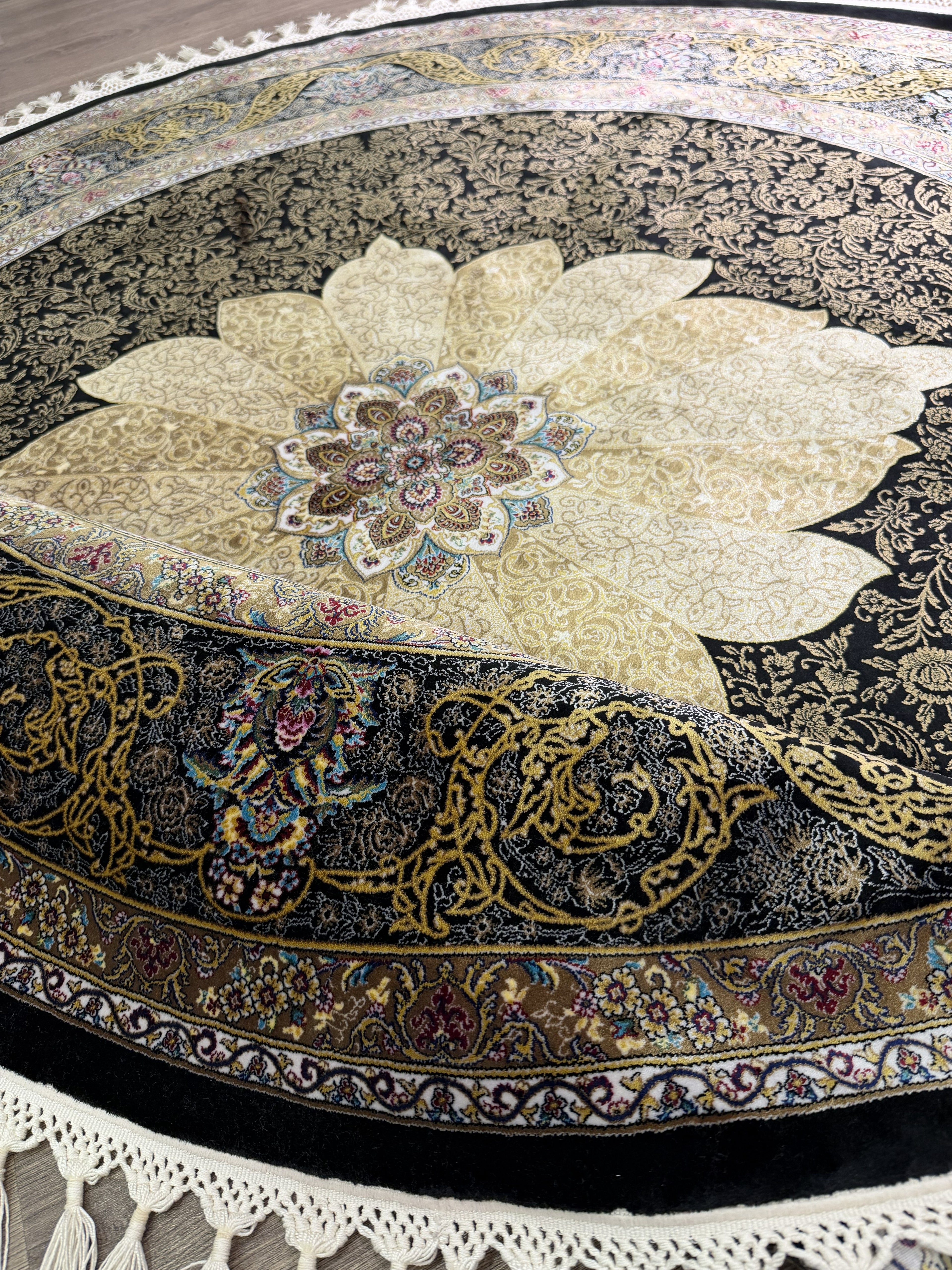 Round Turkish Silk Rug 5x5 Ft Black Gold Oriental Area Rug New