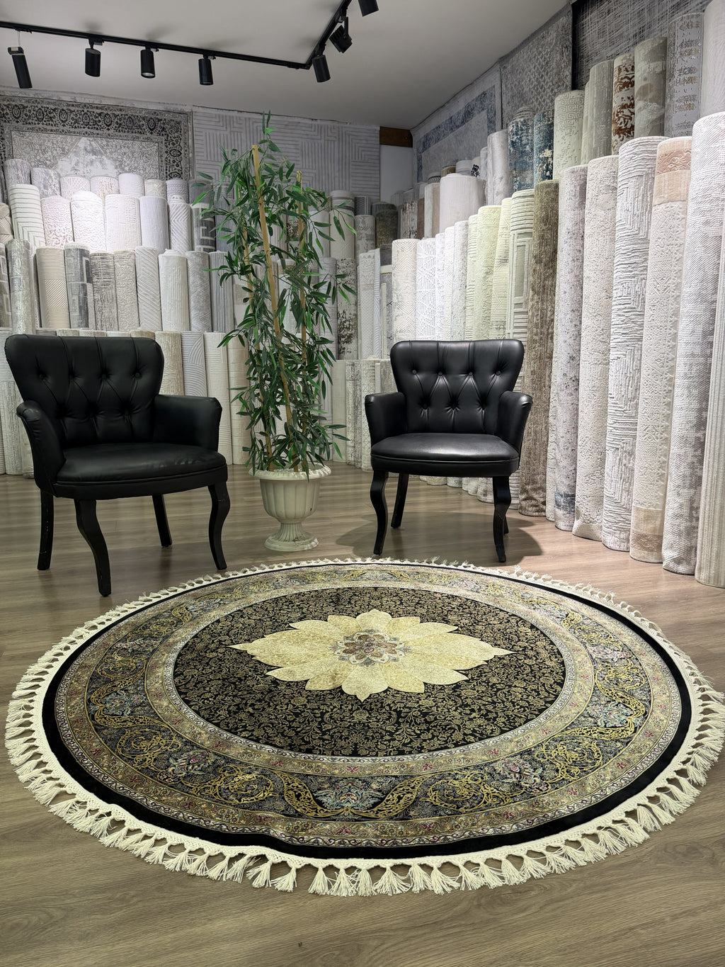 Round Turkish Silk Rug 5x5 Ft Black Gold Oriental Area Rug New