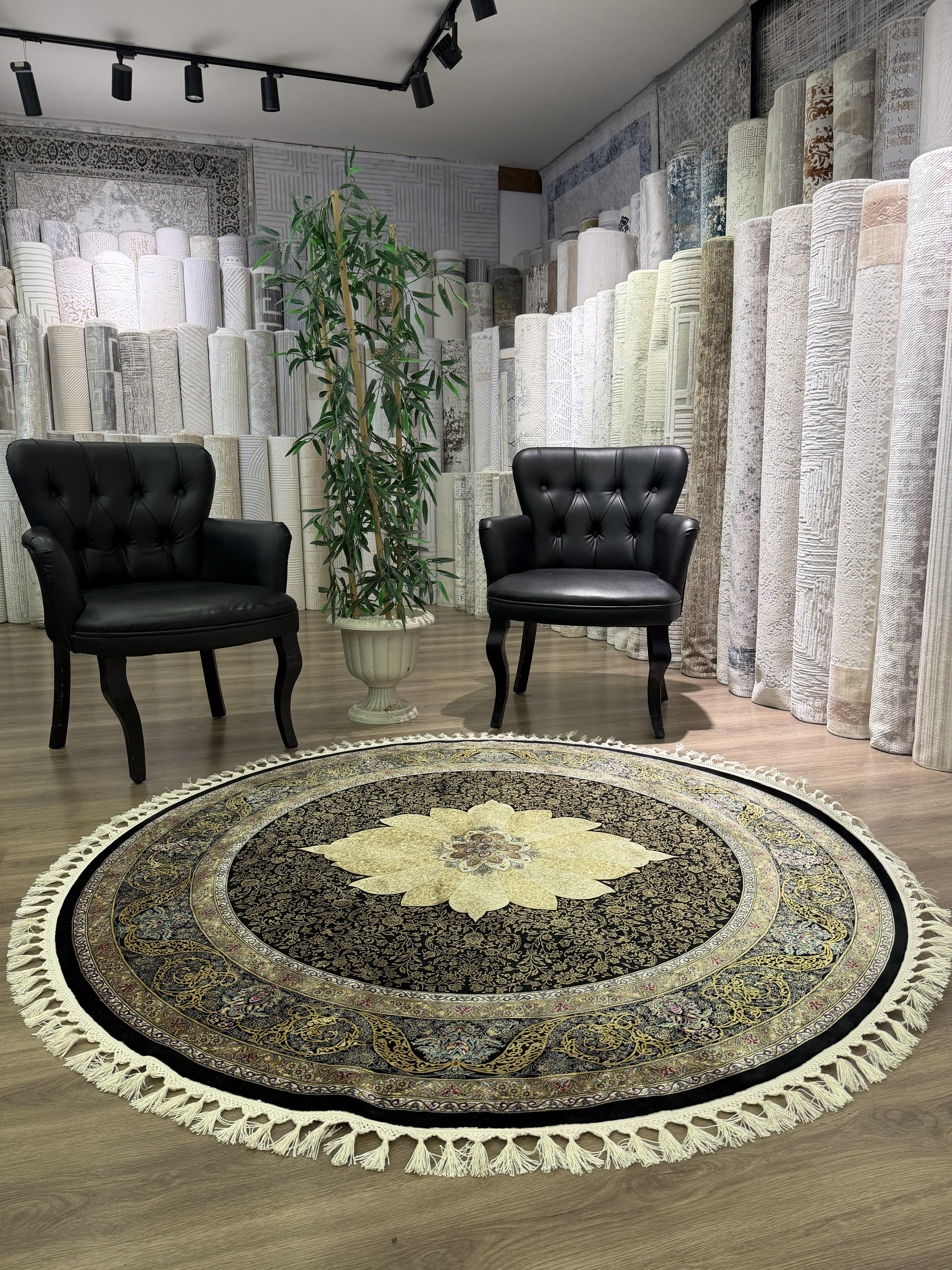 Round Turkish Silk Rug 5x5 Ft Black Gold Oriental Area Rug New