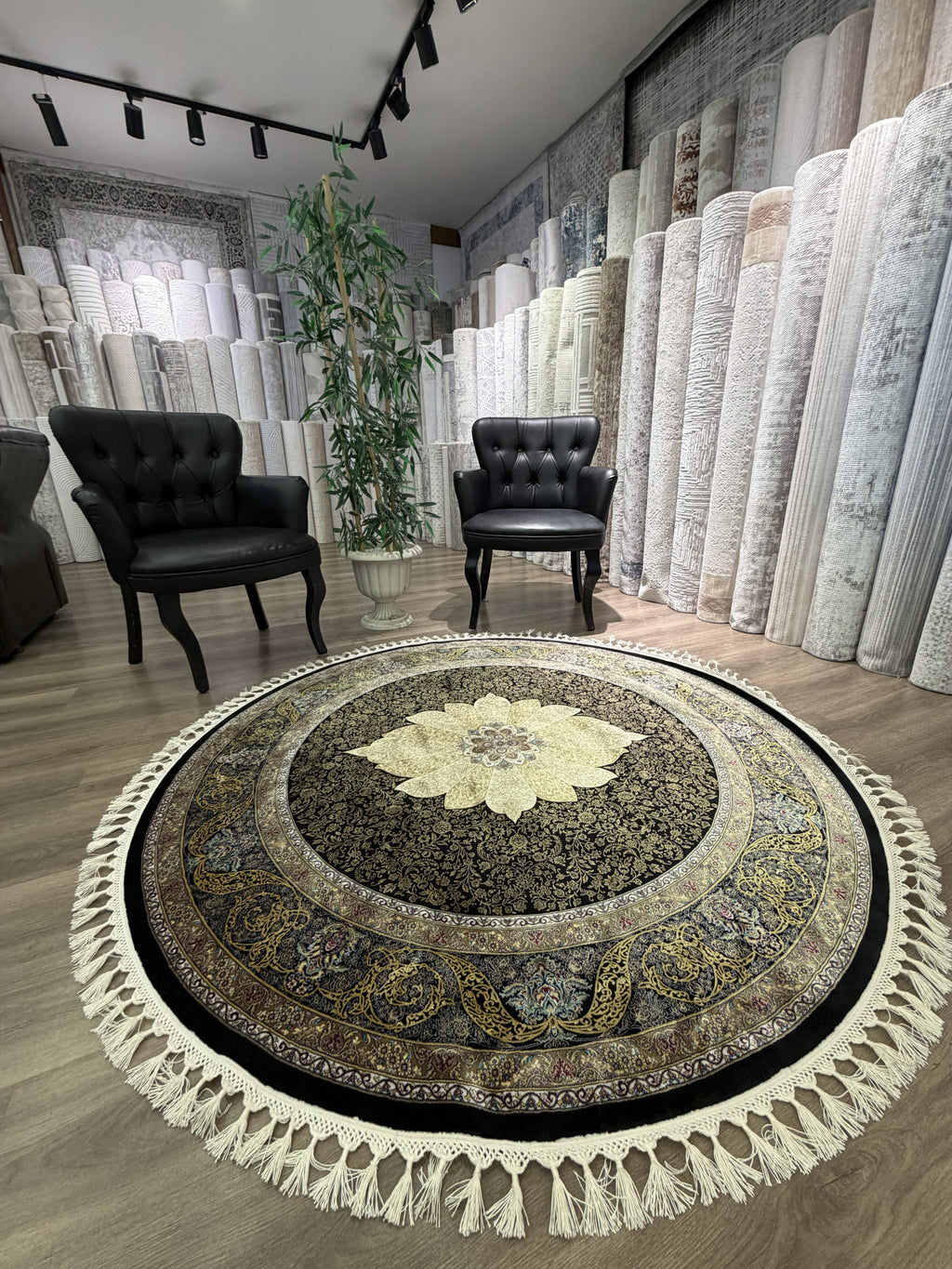 Round Turkish Silk Rug 5x5 Ft Black Gold Oriental Area Rug New