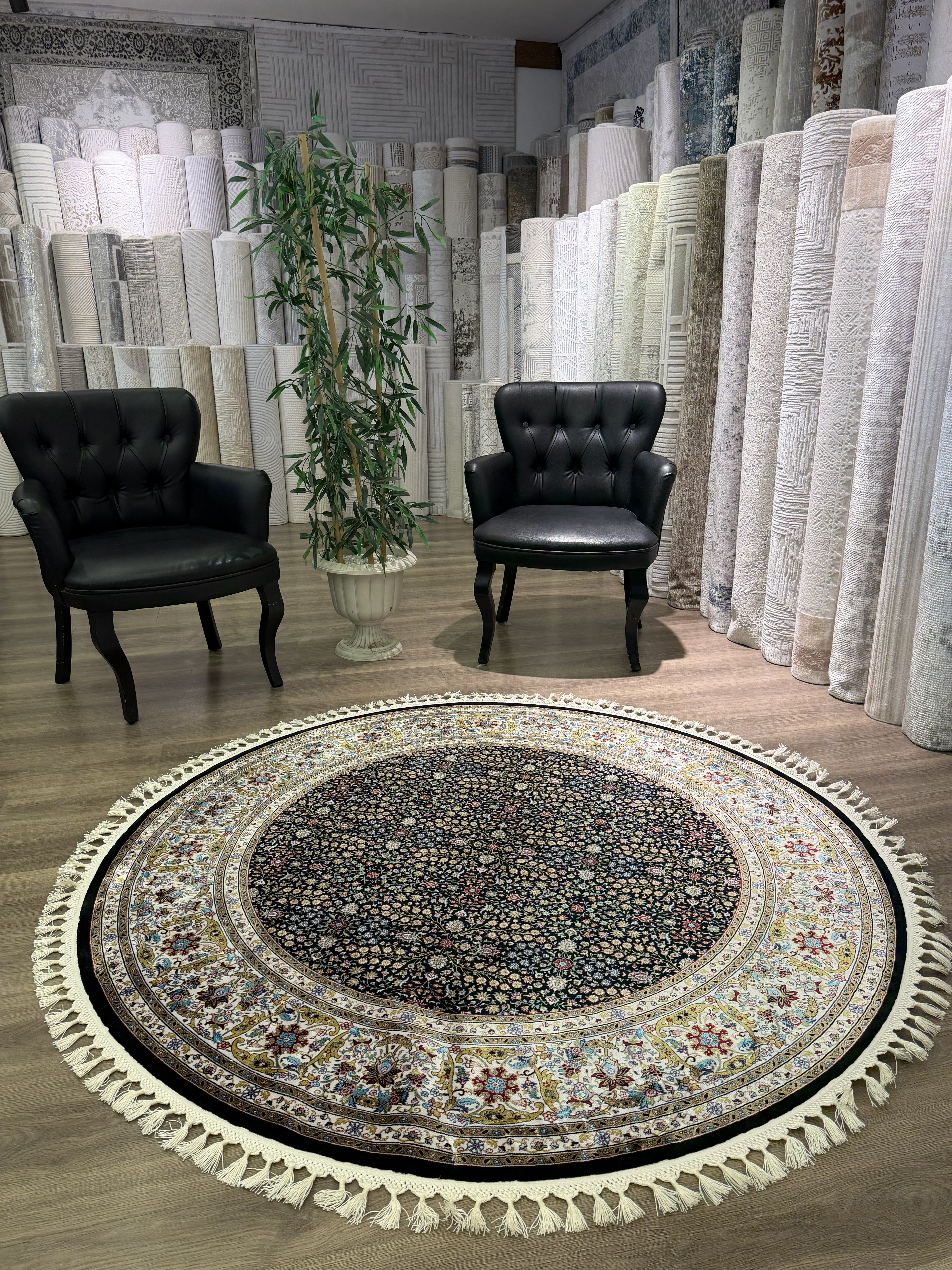 Round Turkish Silk Rug 5x5 Ft Black Floral Oriental Area Rug New