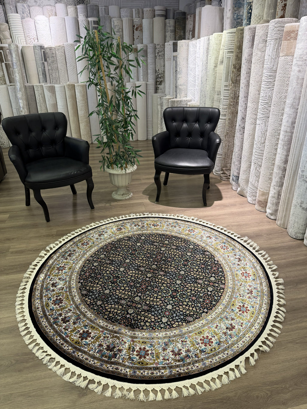 Round Turkish Silk Rug 5x5 Ft Black Floral Oriental Area Rug New