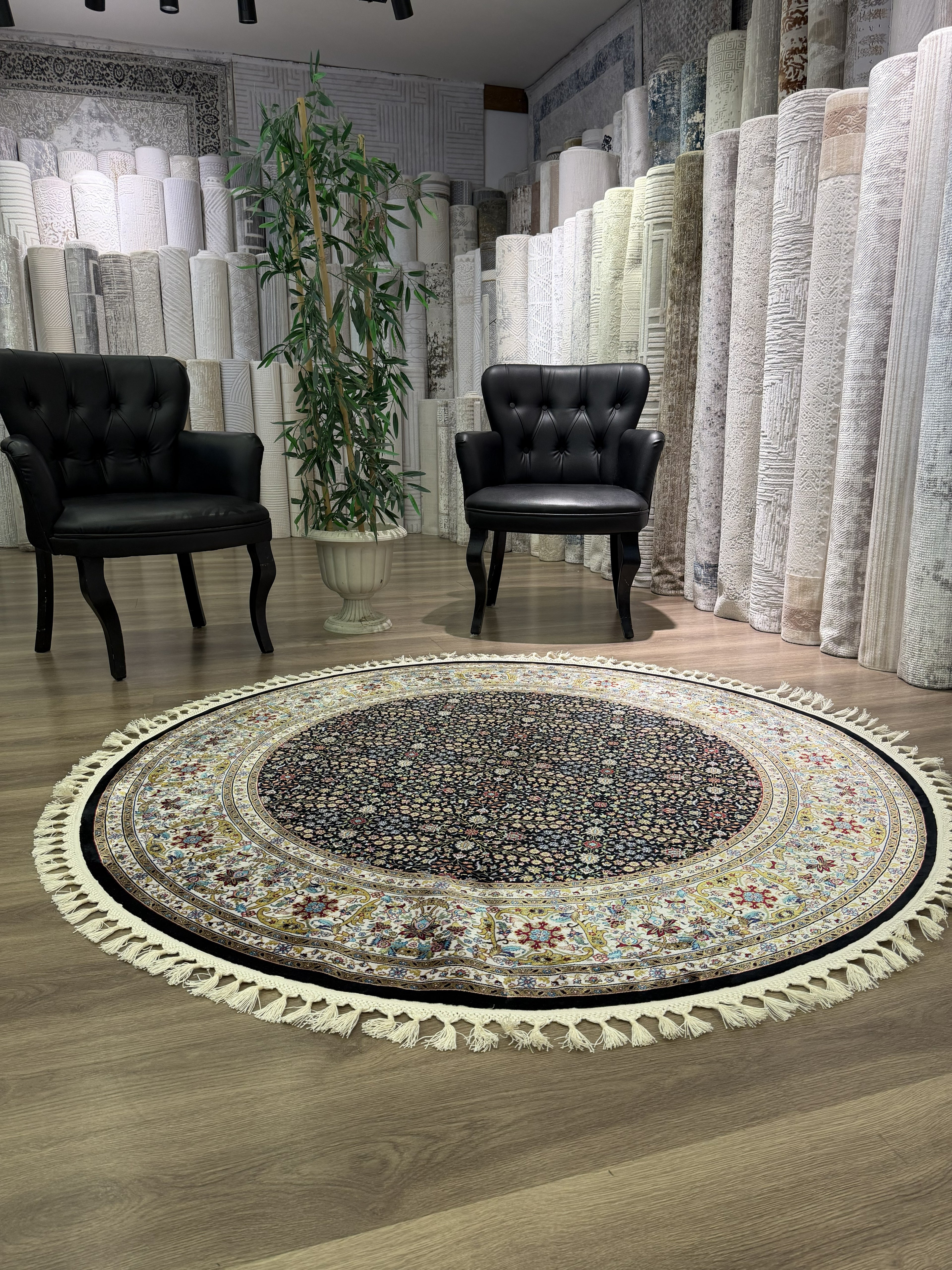 Round Turkish Silk Rug 5x5 Ft Black Floral Oriental Area Rug New