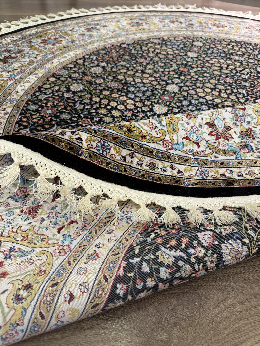 Round Turkish Silk Rug 5x5 Ft Black Floral Oriental Area Rug New