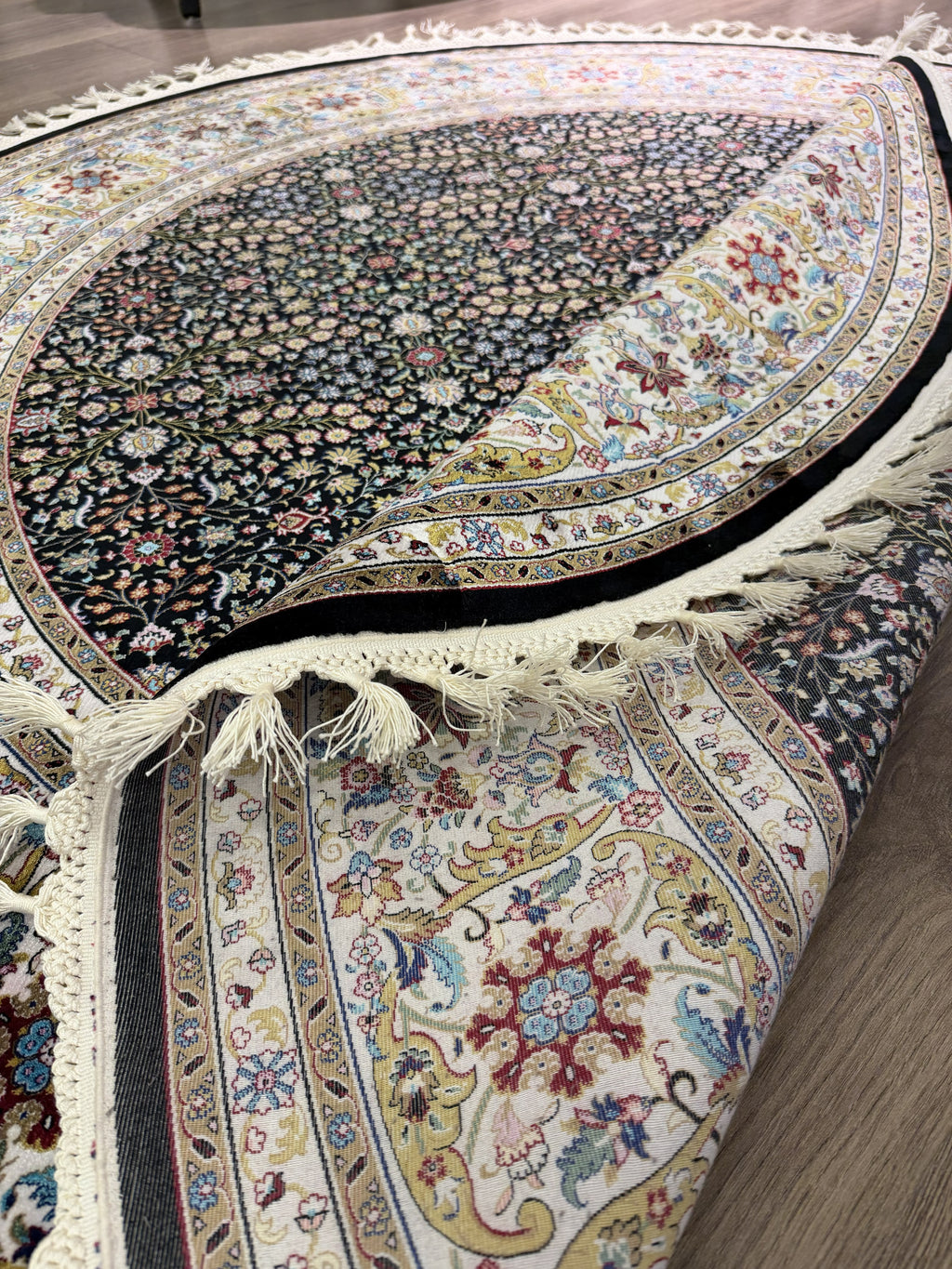 Round Turkish Silk Rug 5x5 Ft Black Floral Oriental Area Rug New