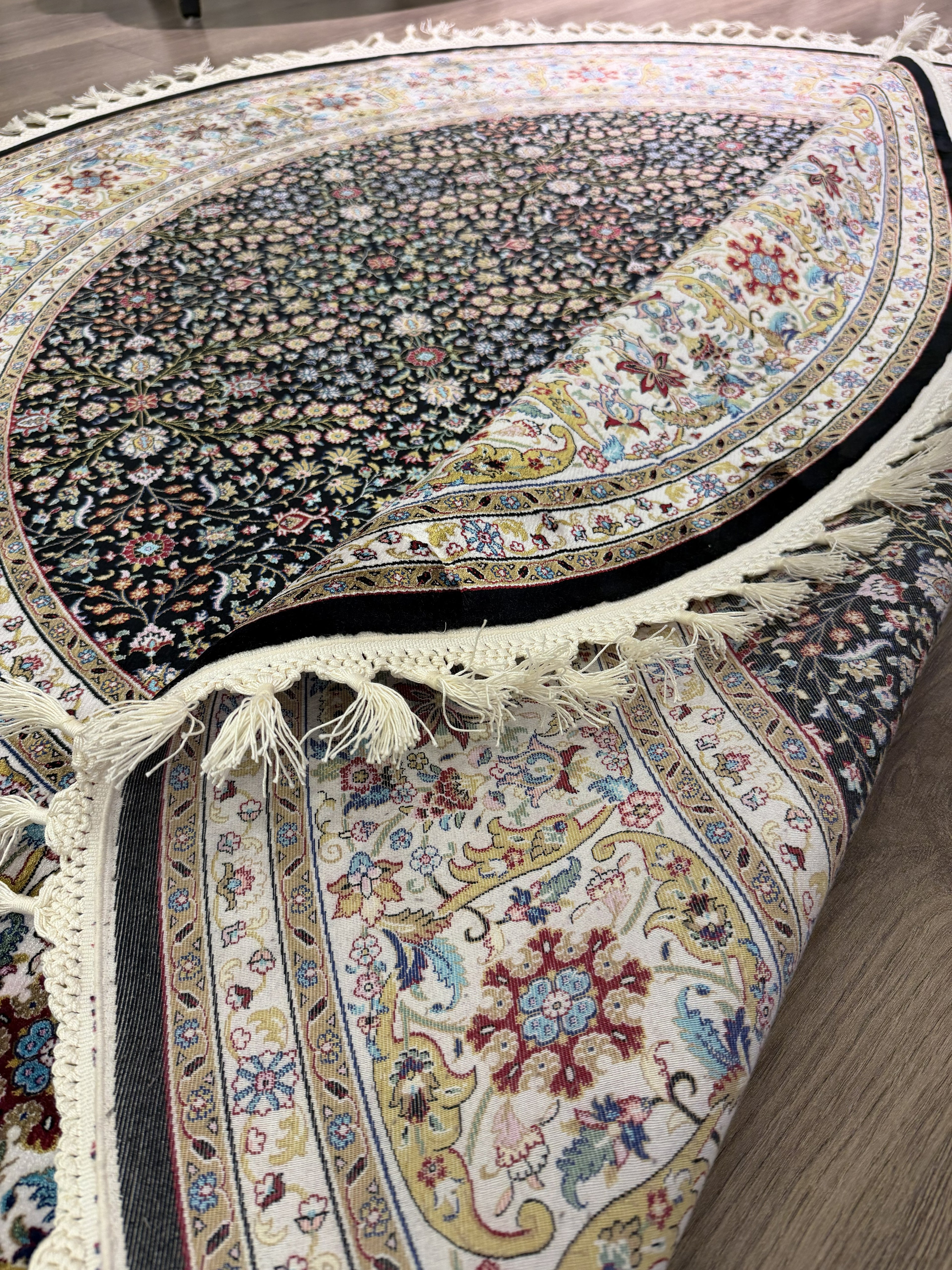 Round Turkish Silk Rug 5x5 Ft Black Floral Oriental Area Rug New