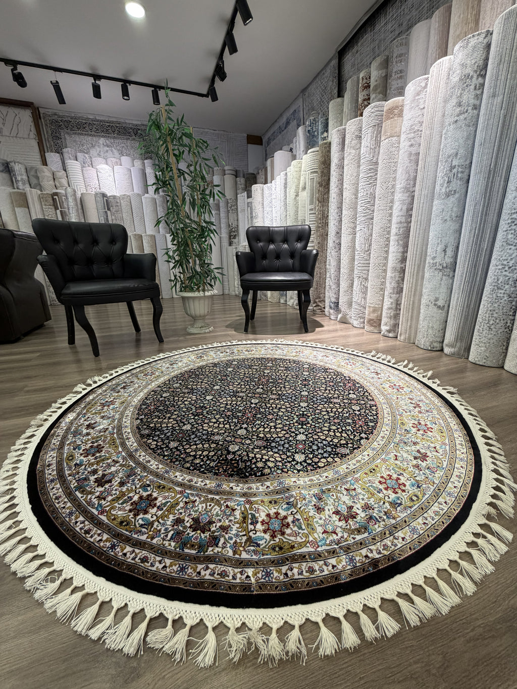 Round Turkish Silk Rug 5x5 Ft Black Floral Oriental Area Rug New
