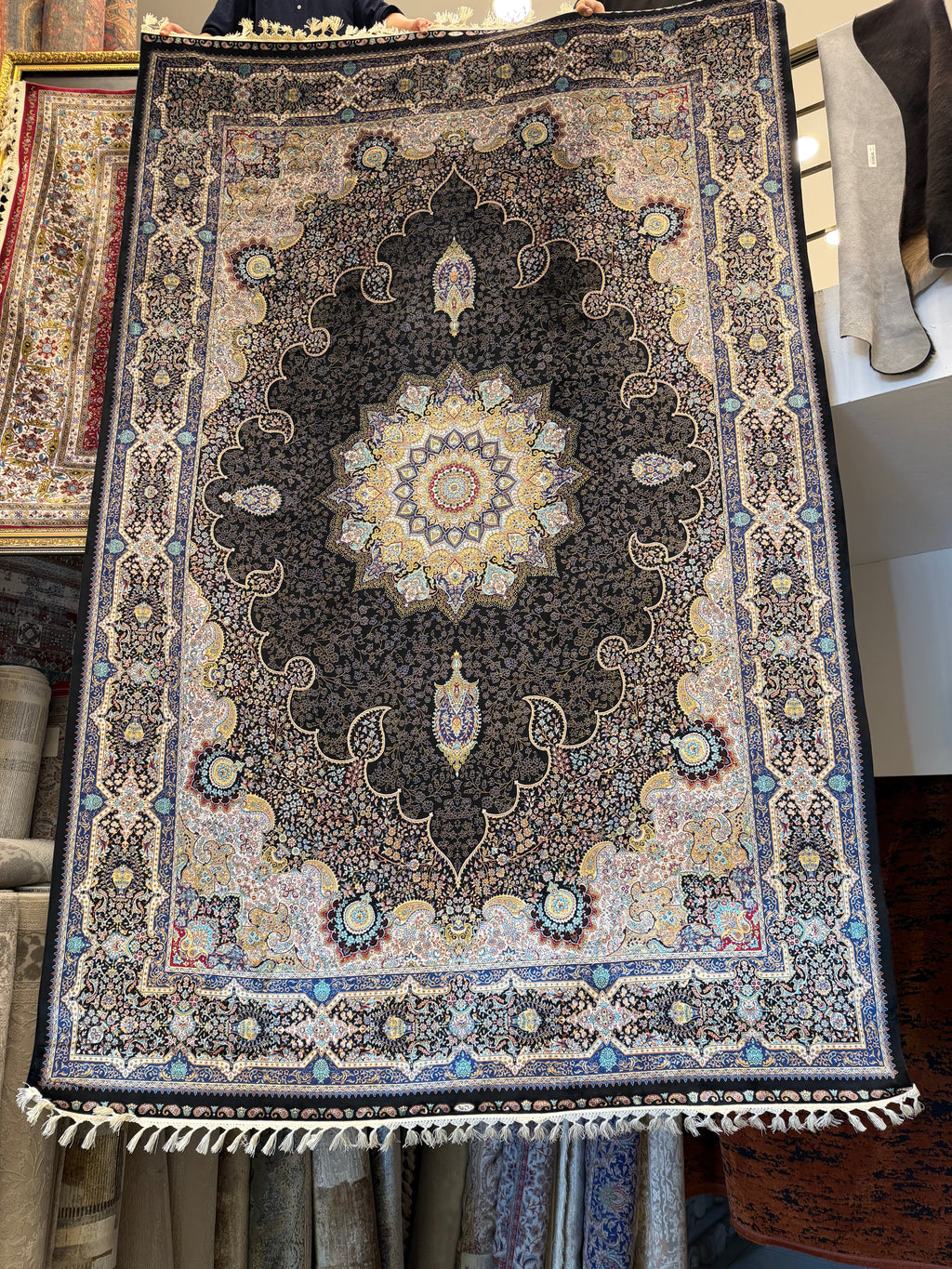 Brand New 7x10 Ft Luxury Turkish Silk Blend Rug – Black Oriental Medallion Carpet