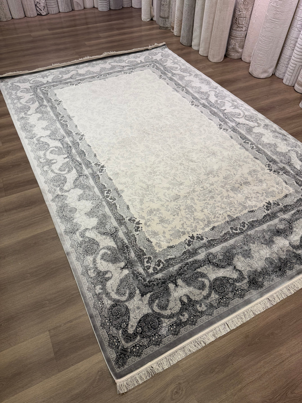 Premium Turkish Silk Rug 7x10 Gray Cream Oriental Area Rug Handmade Fringe New