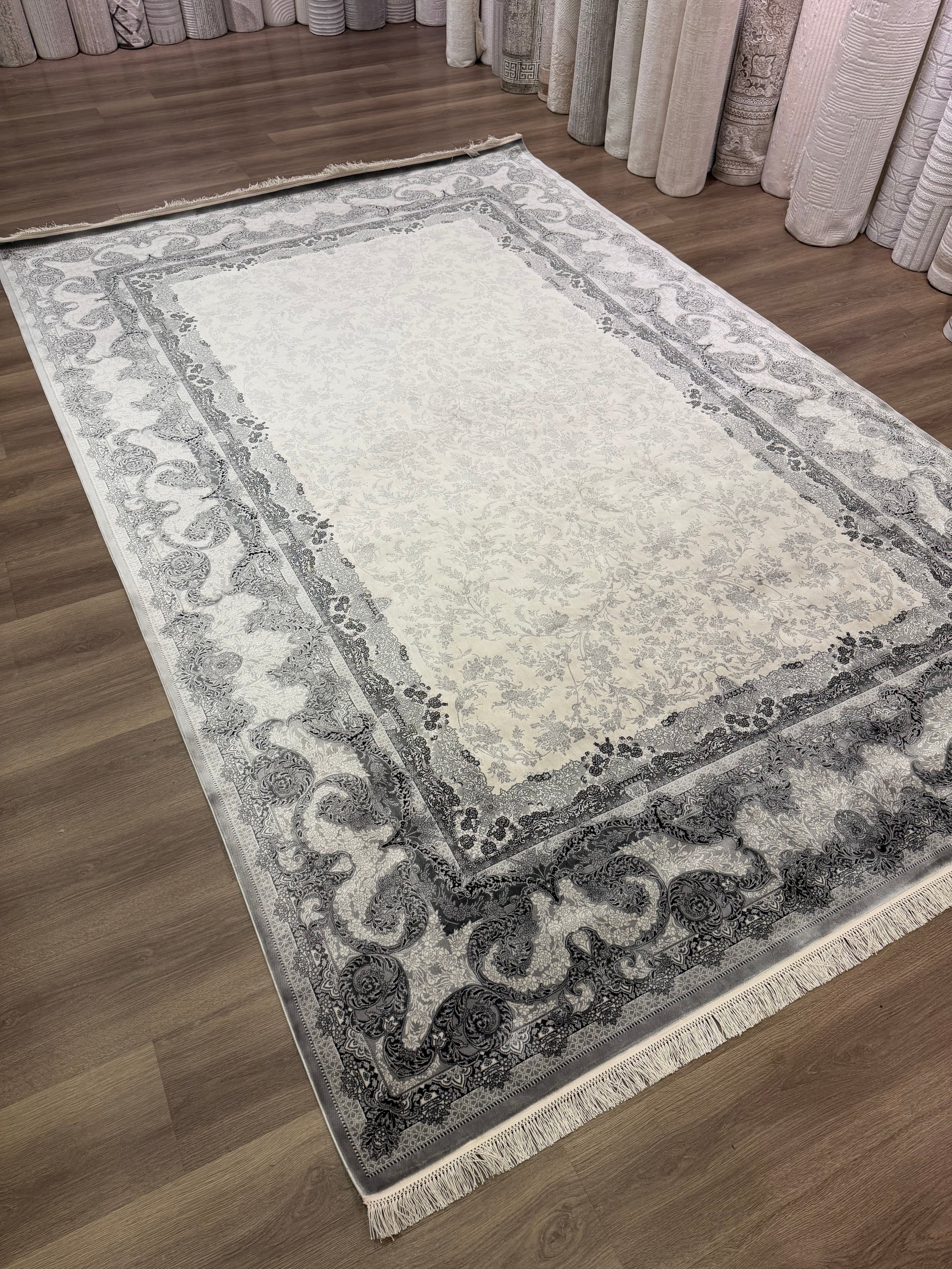 Premium Turkish Silk Rug 7x10 Gray Cream Oriental Area Rug Handmade Fringe New