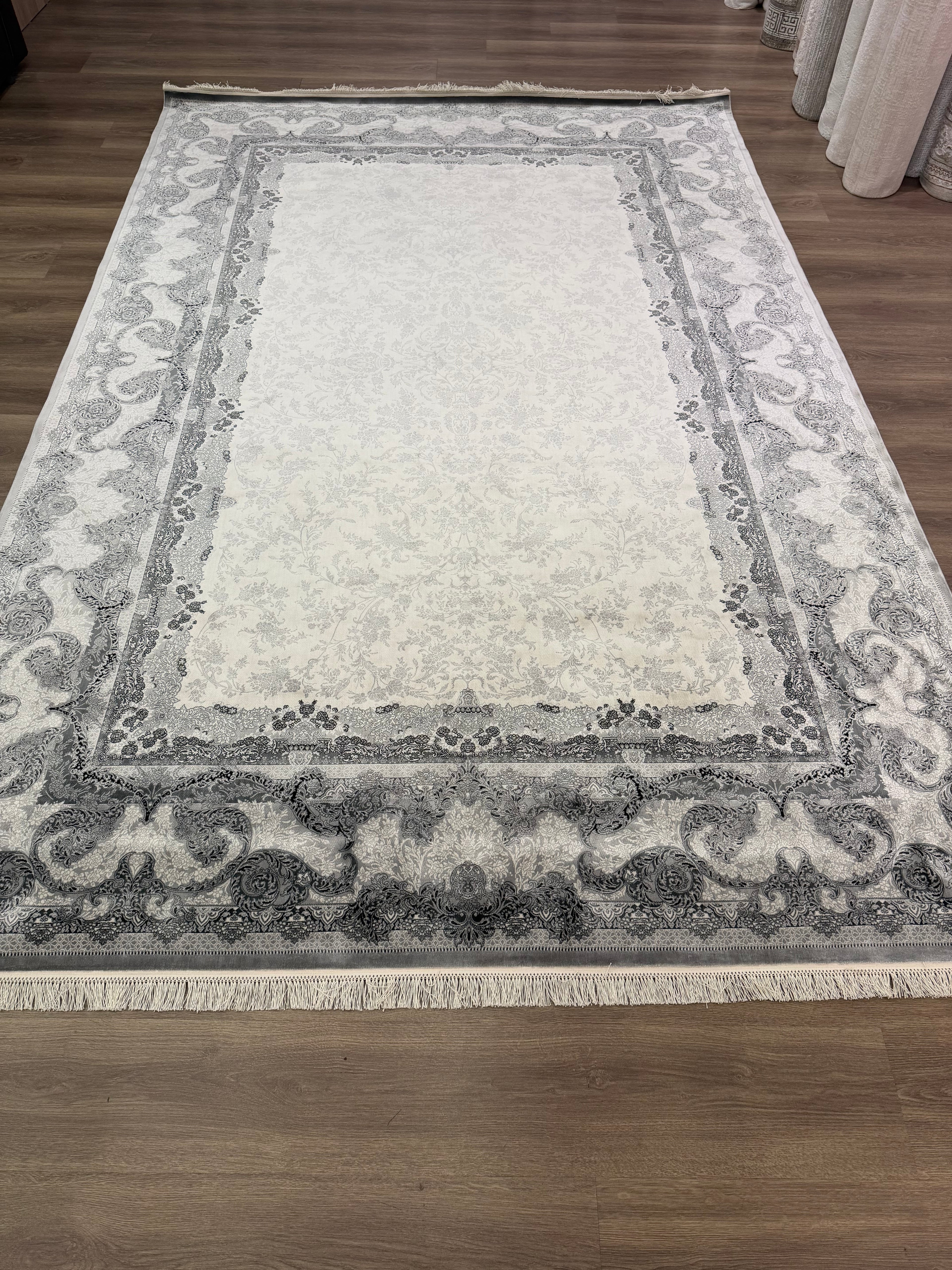 Premium Turkish Silk Rug 7x10 Gray Cream Oriental Area Rug Handmade Fringe New