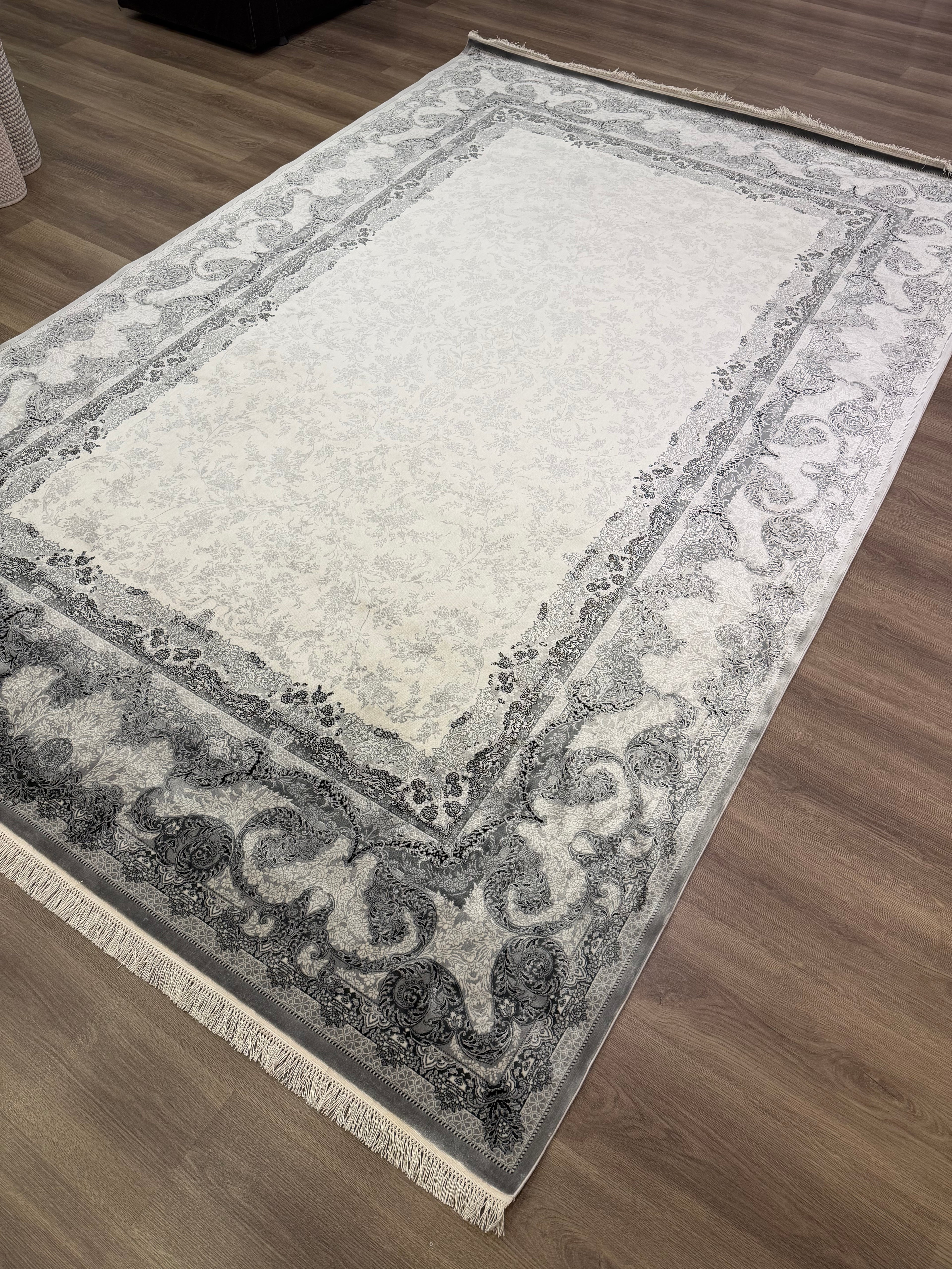 Premium Turkish Silk Rug 7x10 Gray Cream Oriental Area Rug Handmade Fringe New
