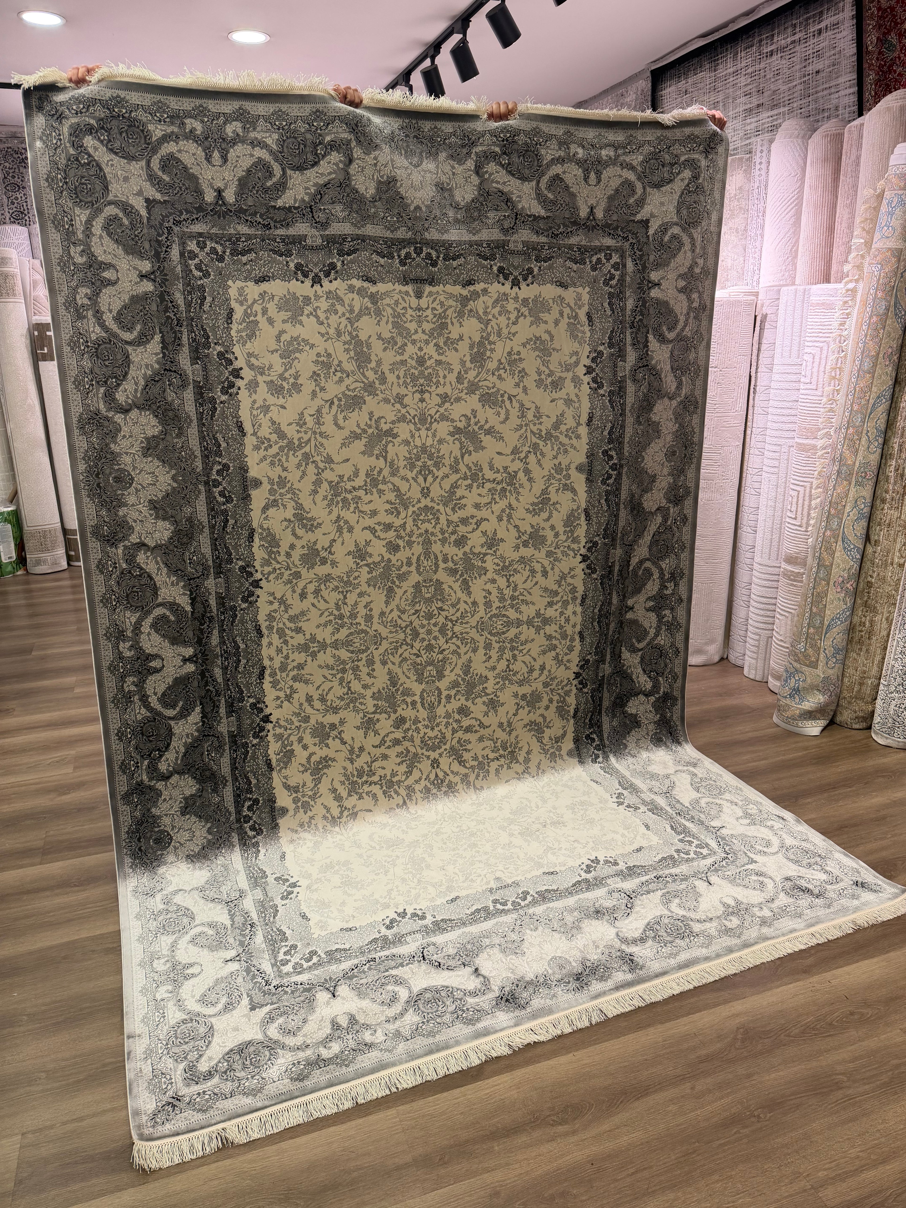 Premium Turkish Silk Rug 7x10 Gray Cream Oriental Area Rug Handmade Fringe New