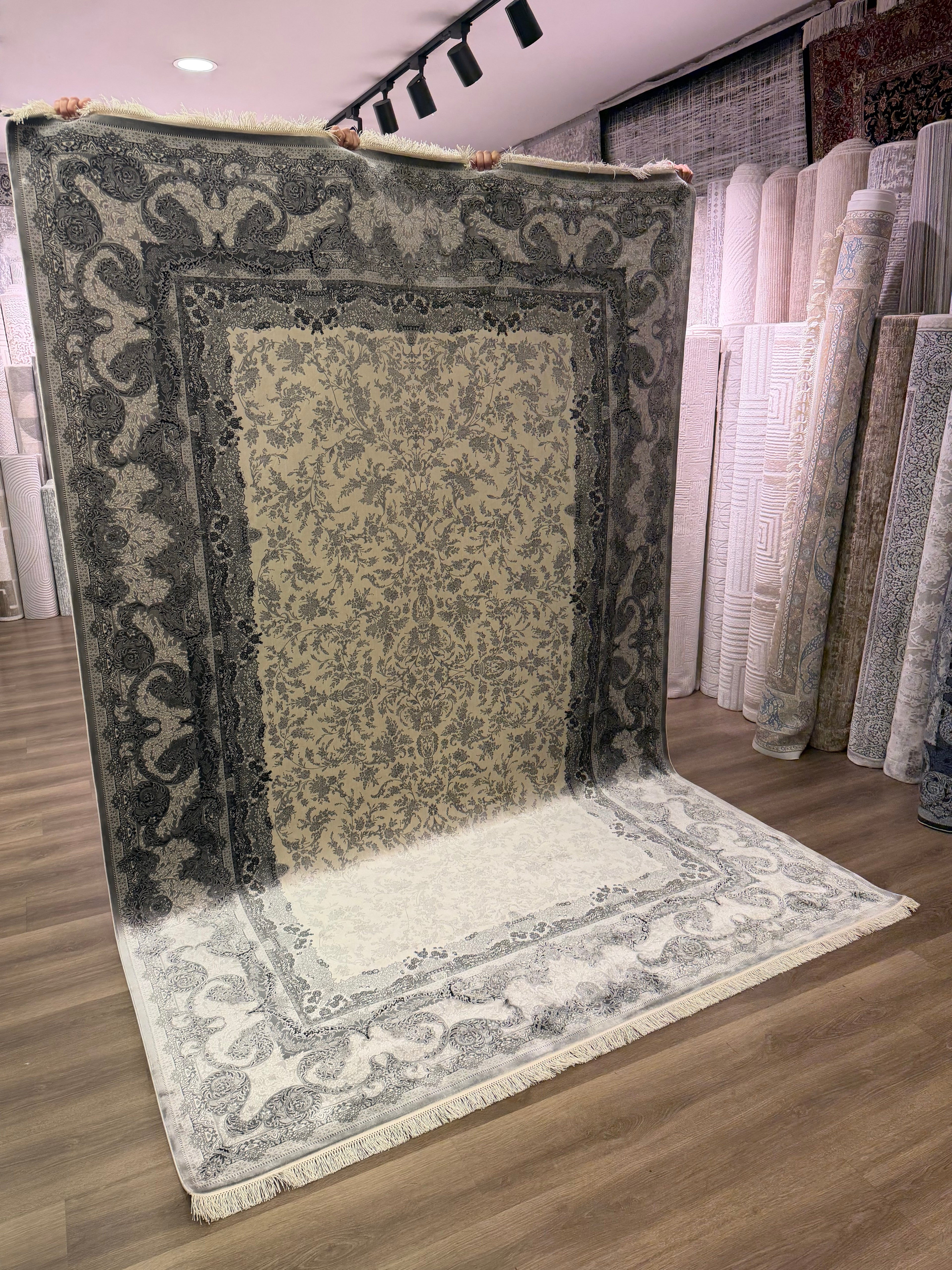 Premium Turkish Silk Rug 7x10 Gray Cream Oriental Area Rug Handmade Fringe New