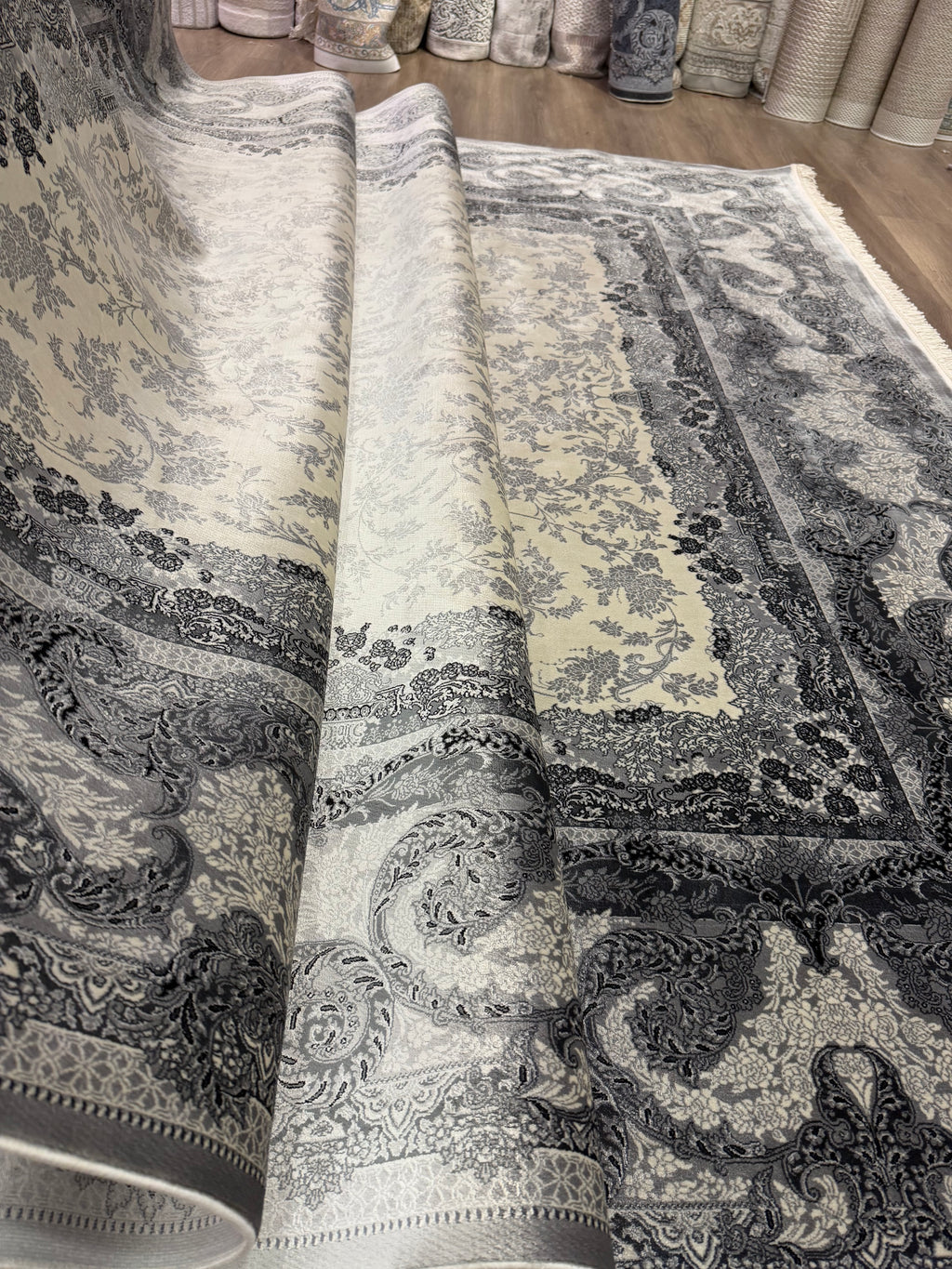 Premium Turkish Silk Rug 7x10 Gray Cream Oriental Area Rug Handmade Fringe New