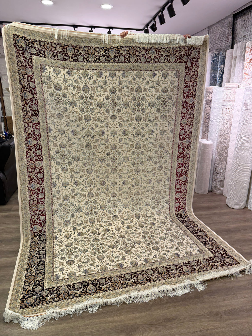 Brand New 7x10 Ft Luxury Turkish Silk Blend Rug – Ivory Burgundy Oriental Area Carpet