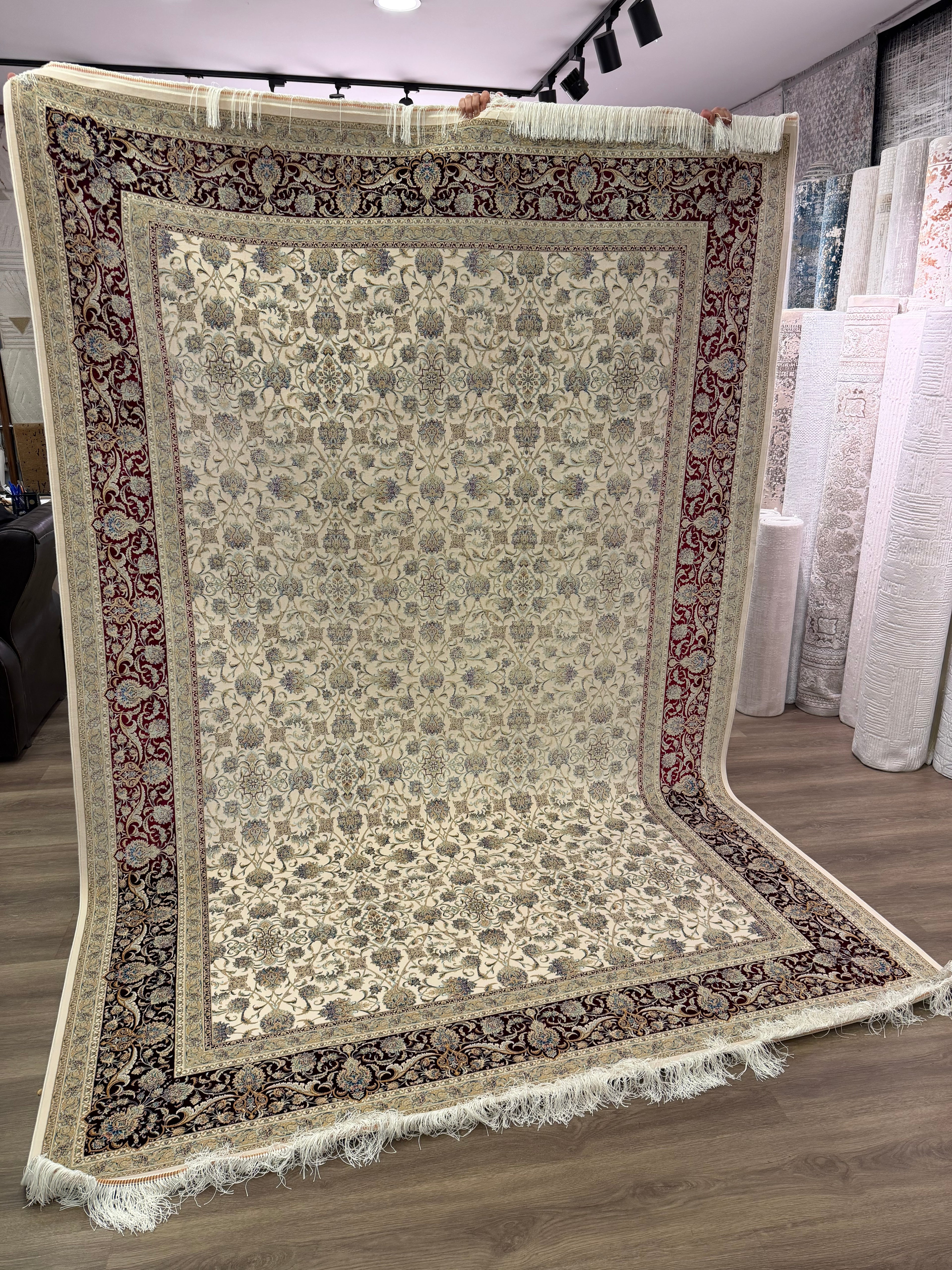 Brand New 7x10 Ft Luxury Turkish Silk Blend Rug – Ivory Burgundy Oriental Area Carpet