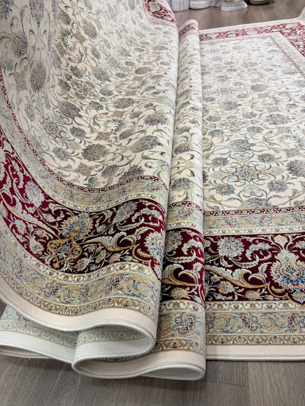 Brand New 7x10 Ft Luxury Turkish Silk Blend Rug – Ivory Burgundy Oriental Area Carpet