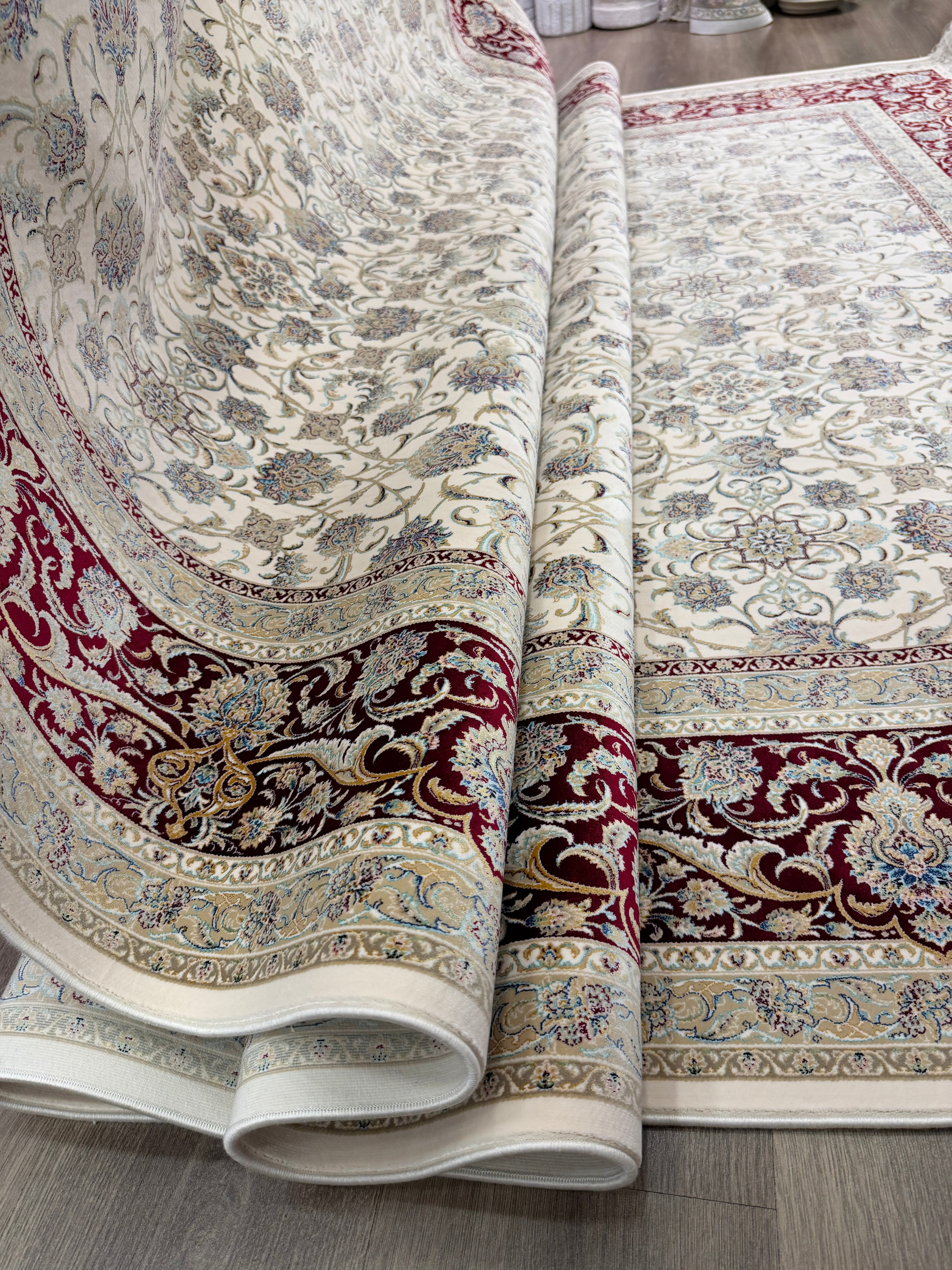 Brand New 7x10 Ft Luxury Turkish Silk Blend Rug – Ivory Burgundy Oriental Area Carpet