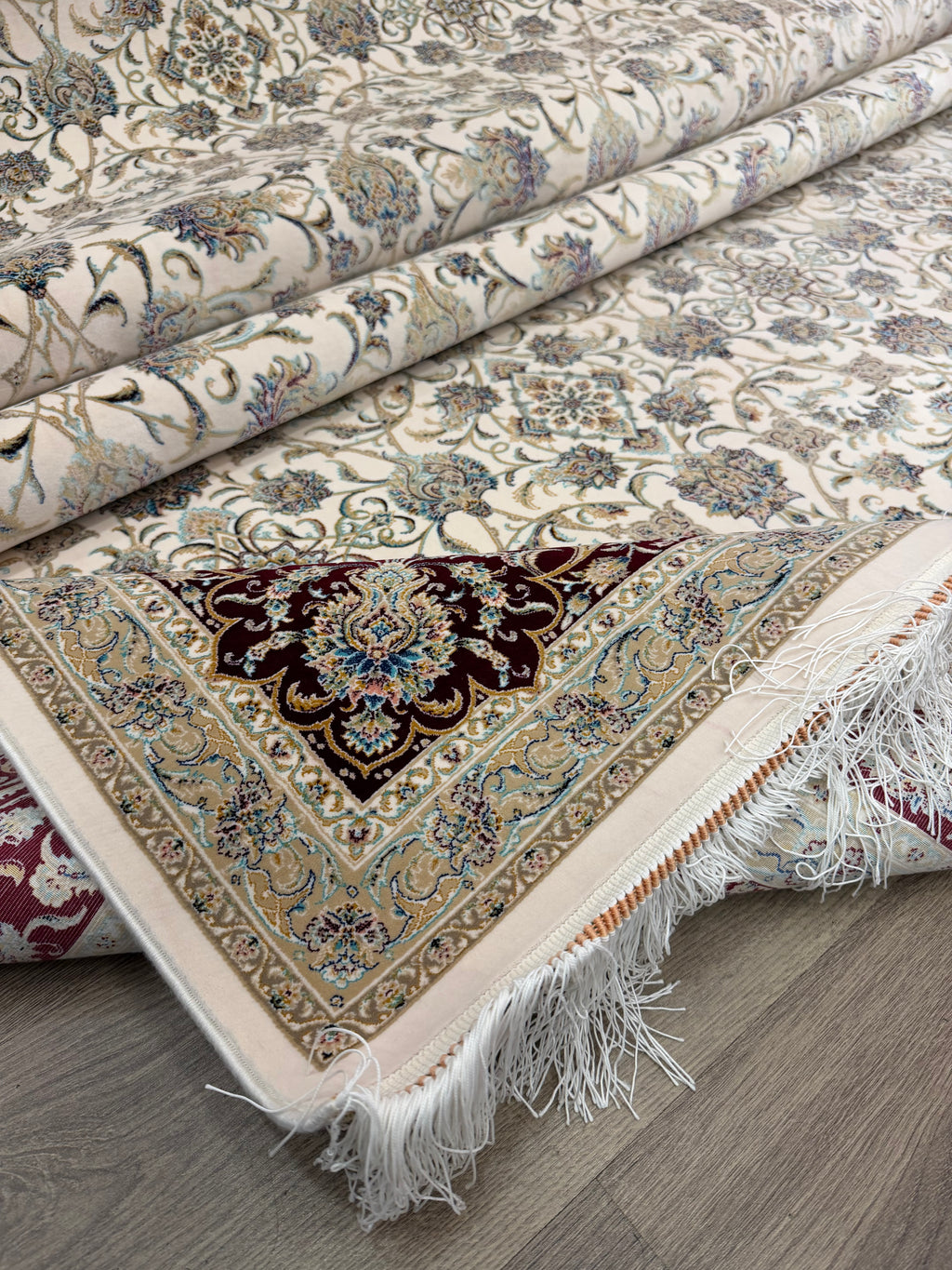 Brand New 7x10 Ft Luxury Turkish Silk Blend Rug – Ivory Burgundy Oriental Area Carpet