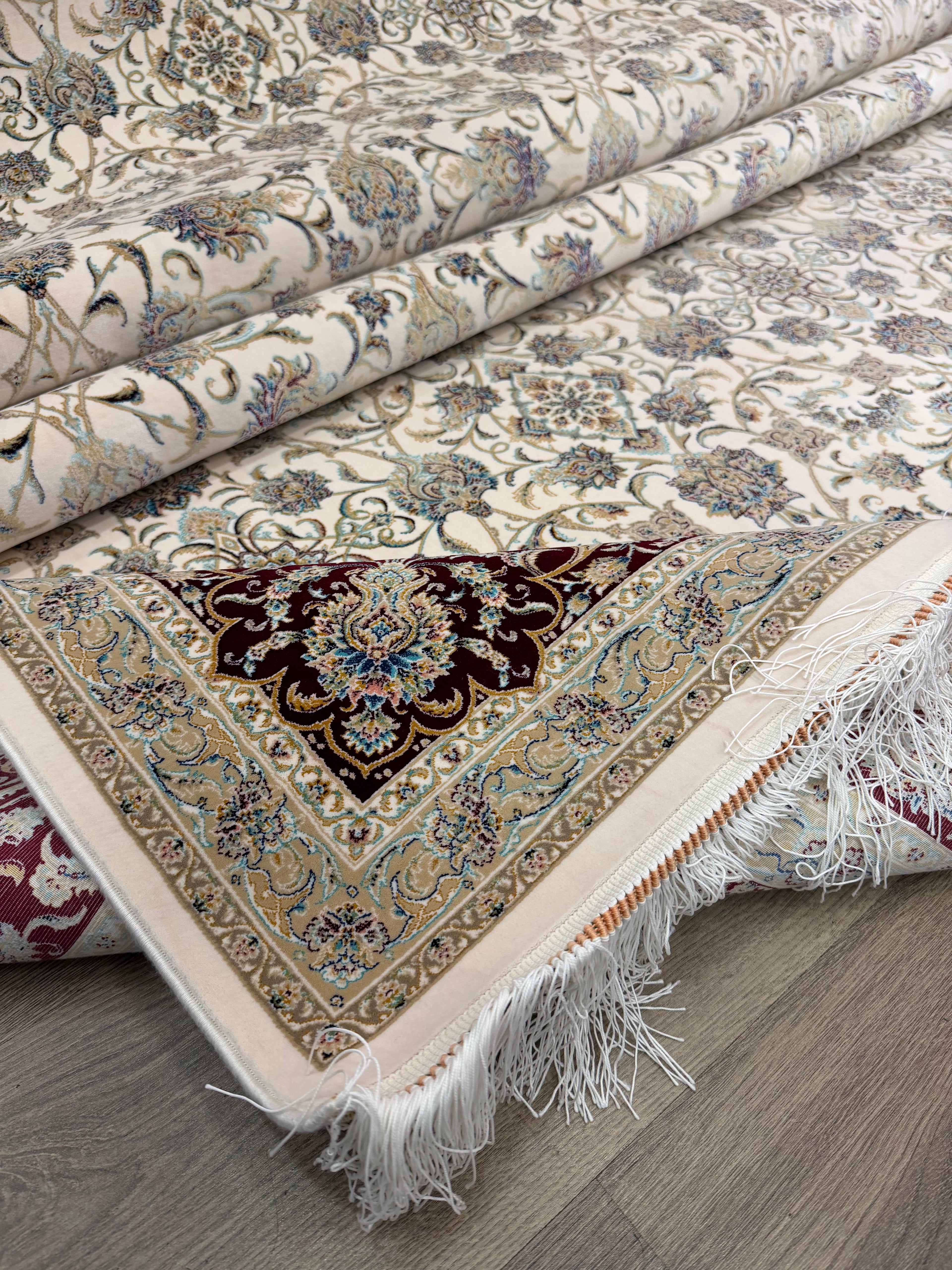 Brand New 7x10 Ft Luxury Turkish Silk Blend Rug – Ivory Burgundy Oriental Area Carpet