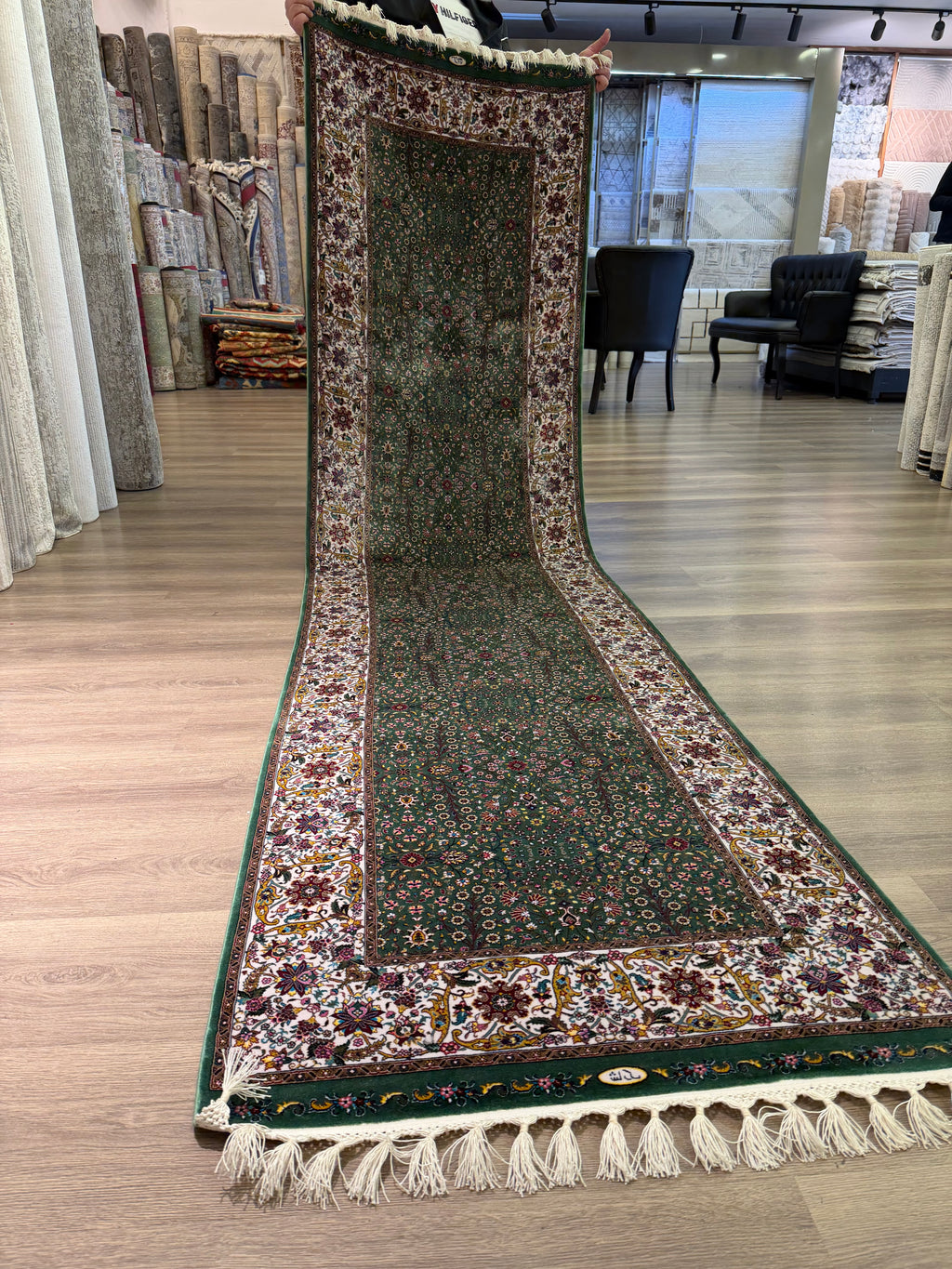 Turkish Silk Runner Rug 3x10 Green Floral Oriental Hallway Rug Brand New