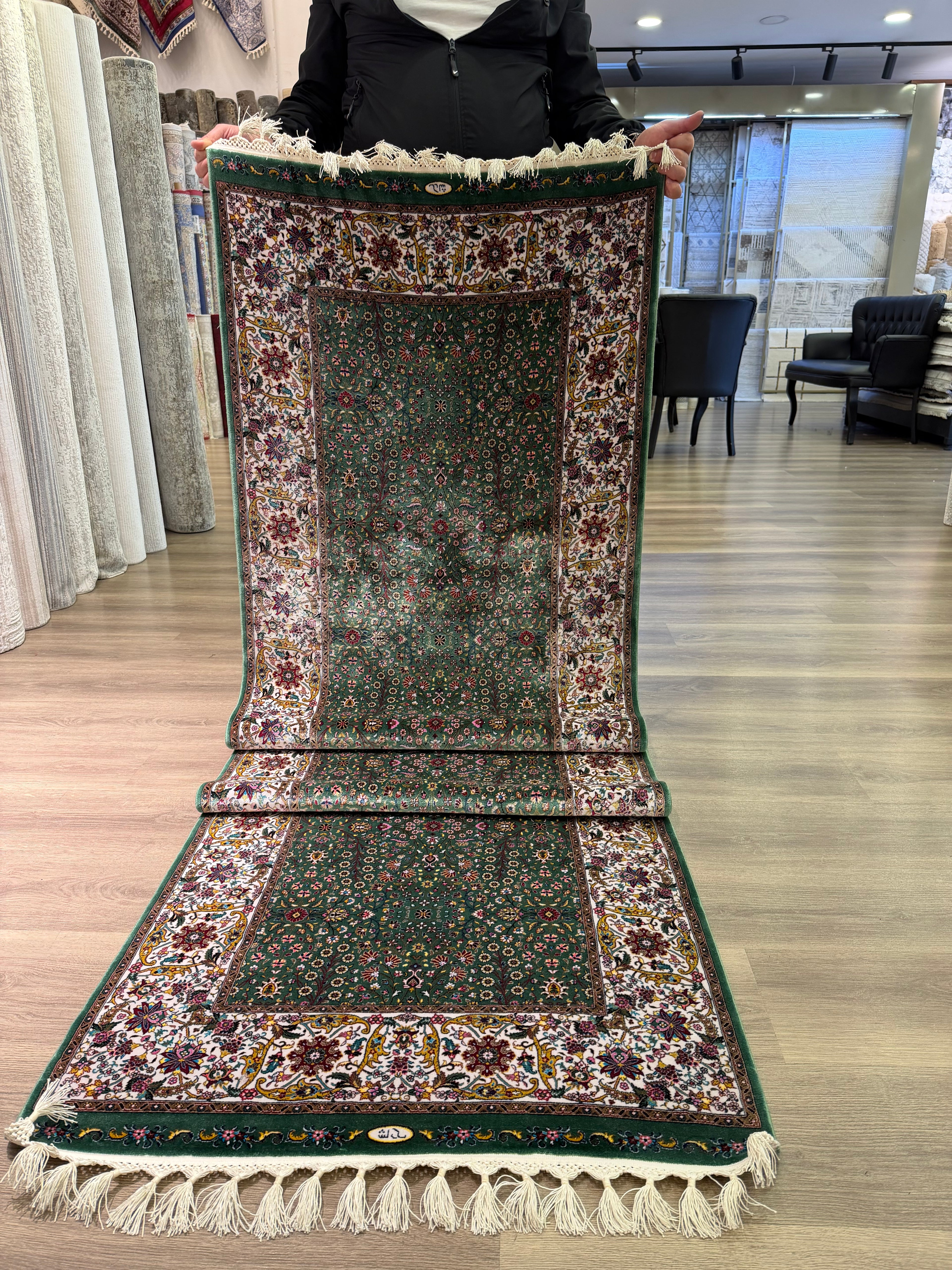 Turkish Silk Runner Rug 3x10 Green Floral Oriental Hallway Rug Brand New