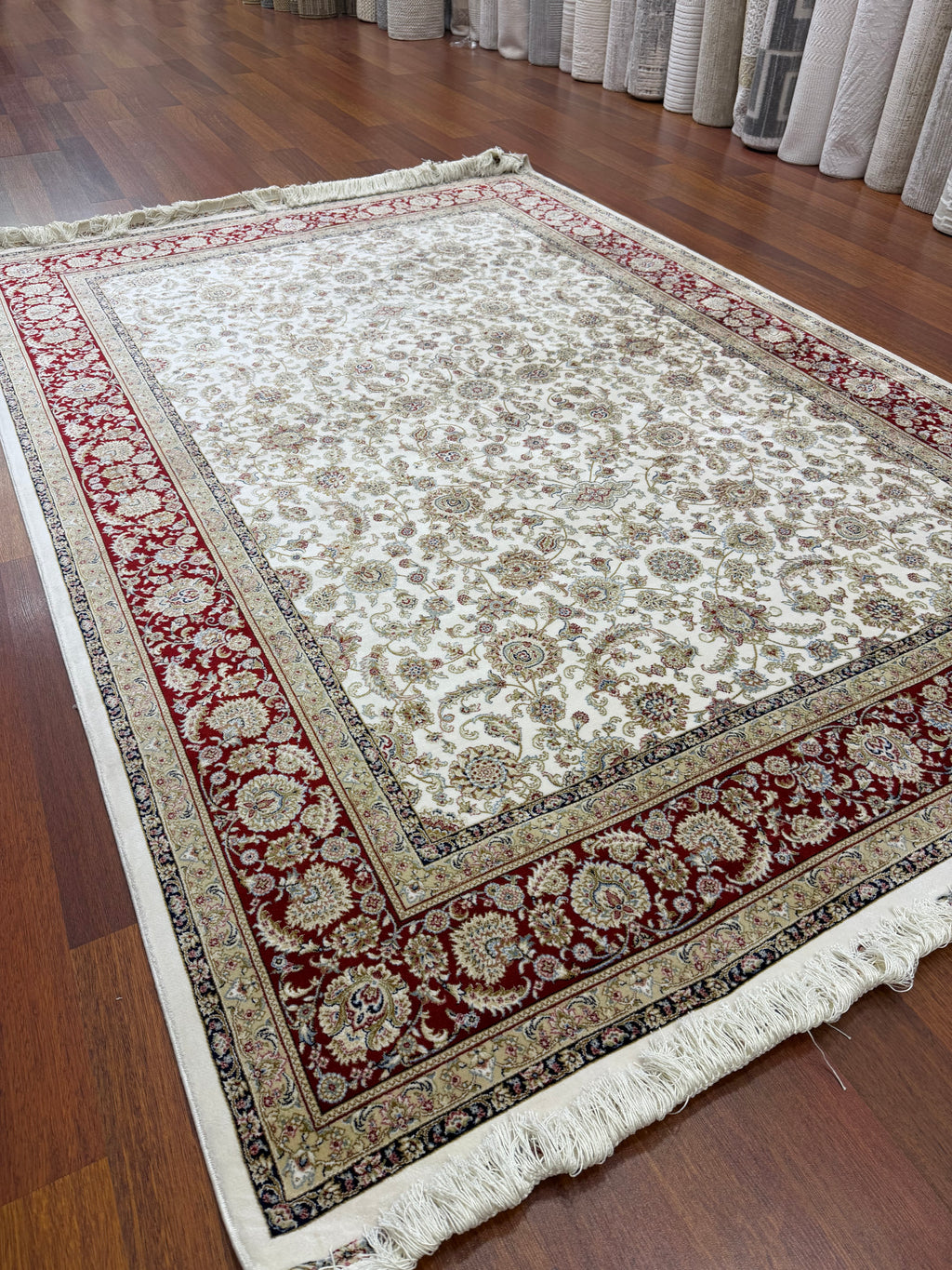 Brand New 7x10 Ft Luxury Turkish Silk Blend Rug – Ivory Burgundy Oriental Area Carpet