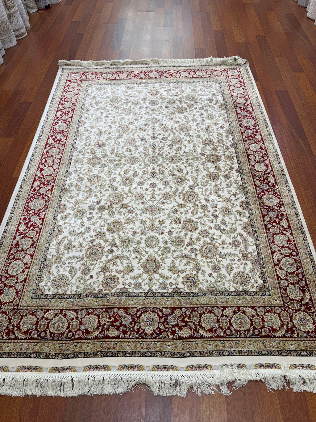 Brand New 7x10 Ft Luxury Turkish Silk Blend Rug – Ivory Burgundy Oriental Area Carpet