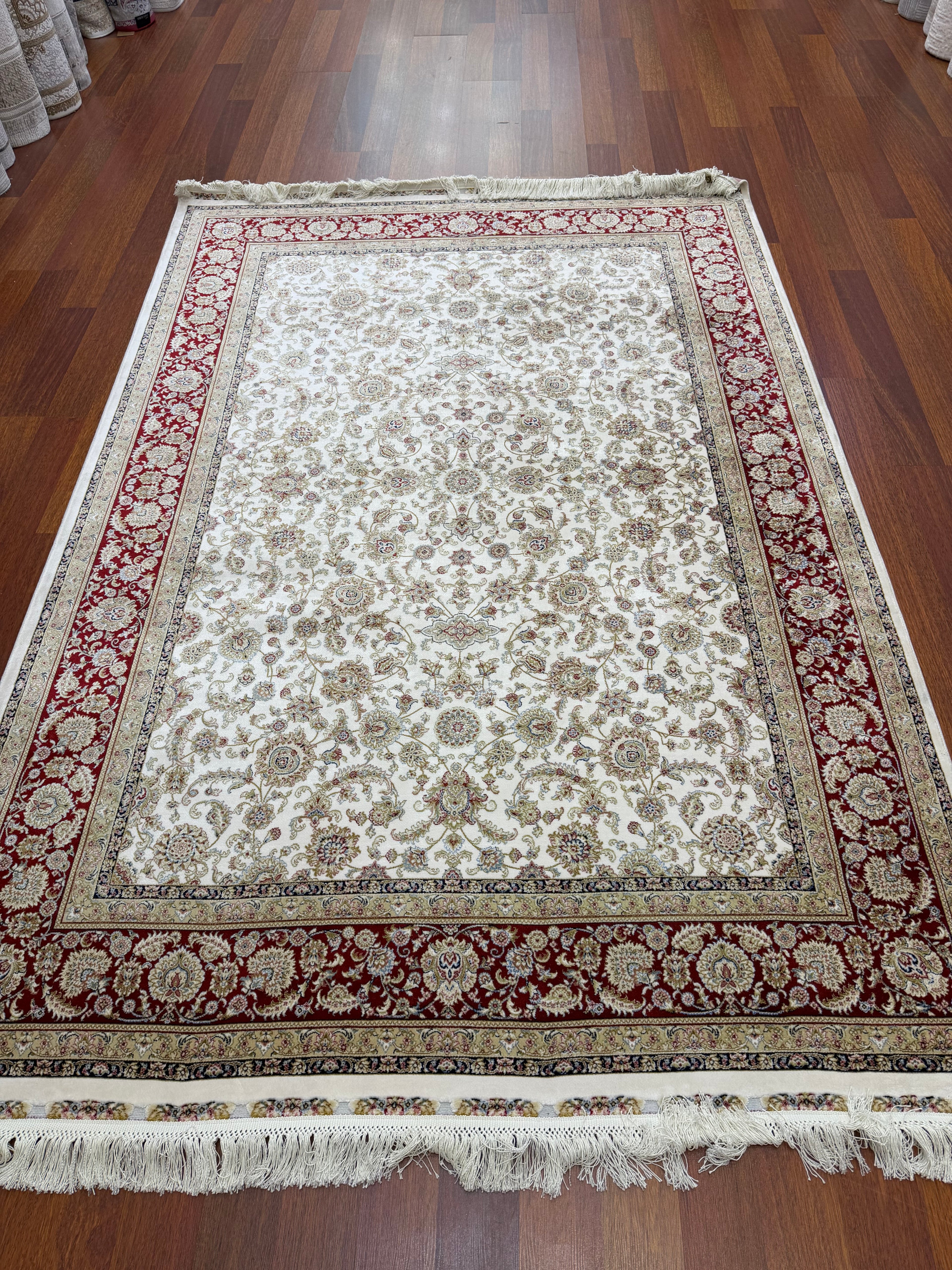 Brand New 7x10 Ft Luxury Turkish Silk Blend Rug – Ivory Burgundy Oriental Area Carpet