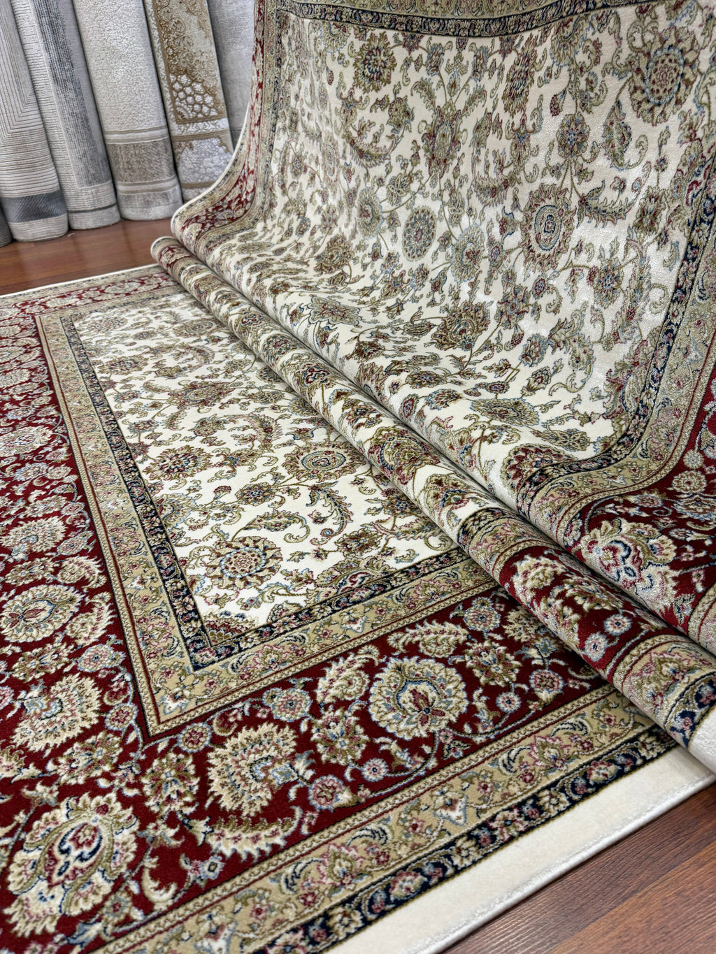 Brand New 7x10 Ft Luxury Turkish Silk Blend Rug – Ivory Burgundy Oriental Area Carpet